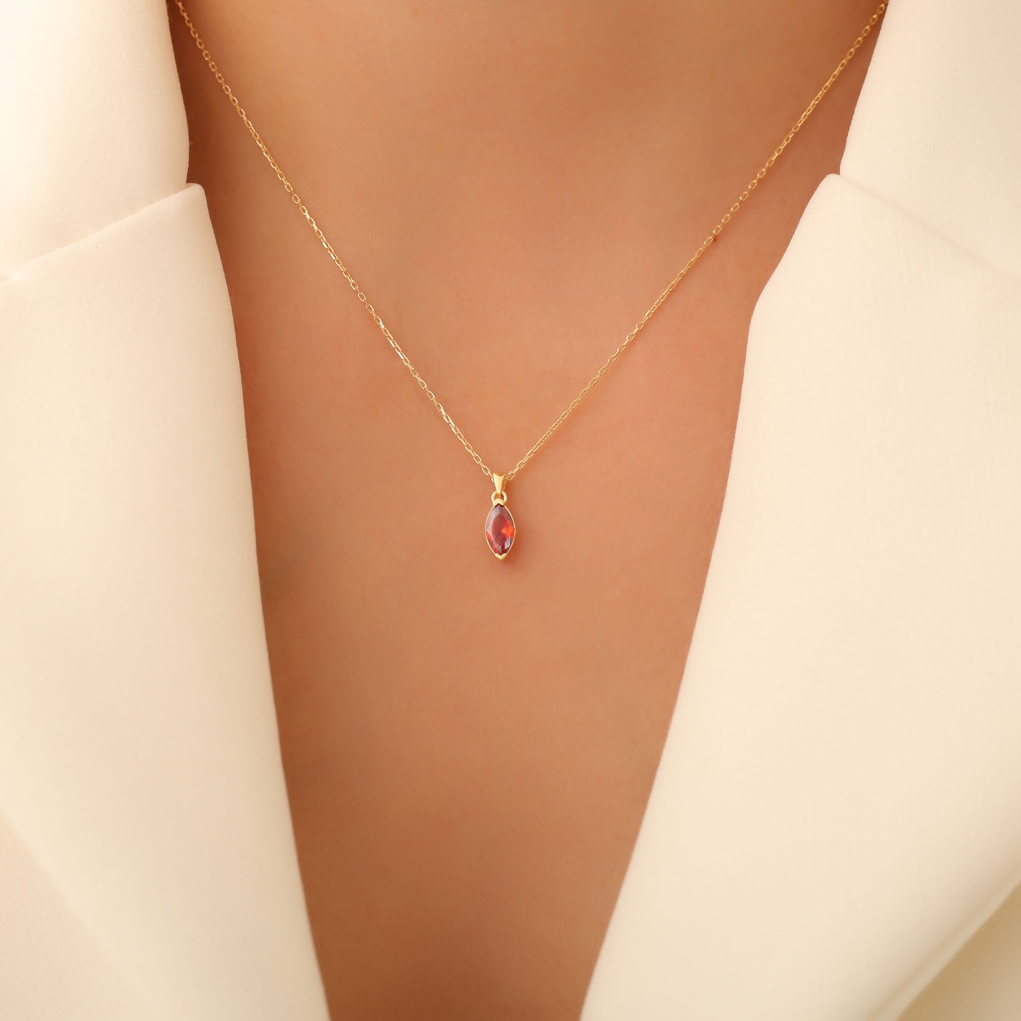 Garnet Marquise Necklace in 14K Solid Gold | January Birthstone Pendant Queen Jewelry Necklace