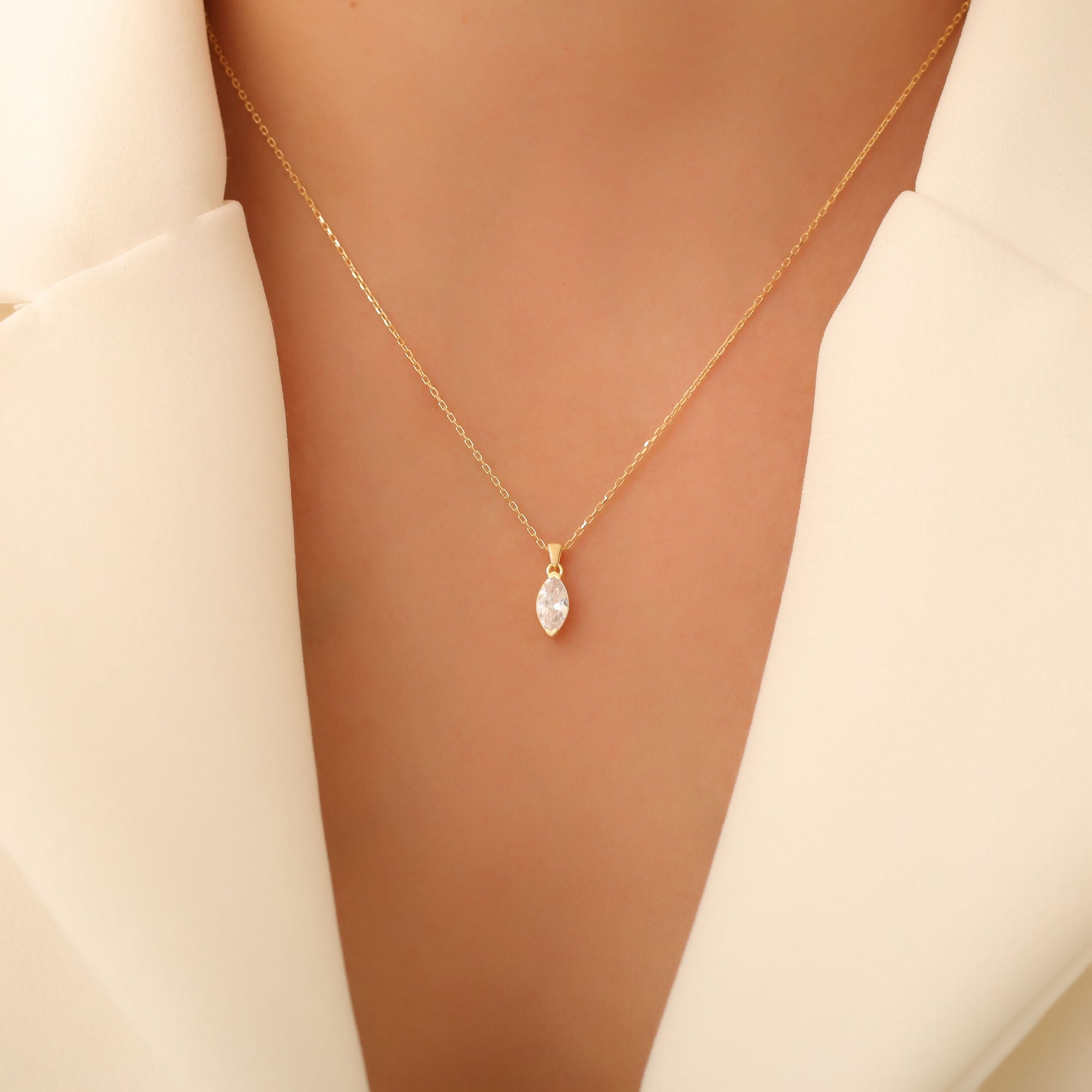 White Topaz Marquise Necklace in 14K Solid Gold | April Birthstone Pendant Queen Jewelry Necklace
