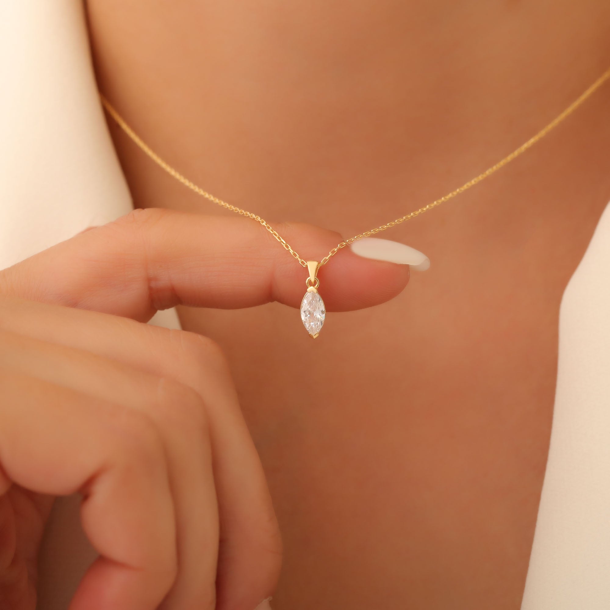 White Topaz Marquise Necklace in 14K Solid Gold | April Birthstone Pendant Queen Jewelry Necklace