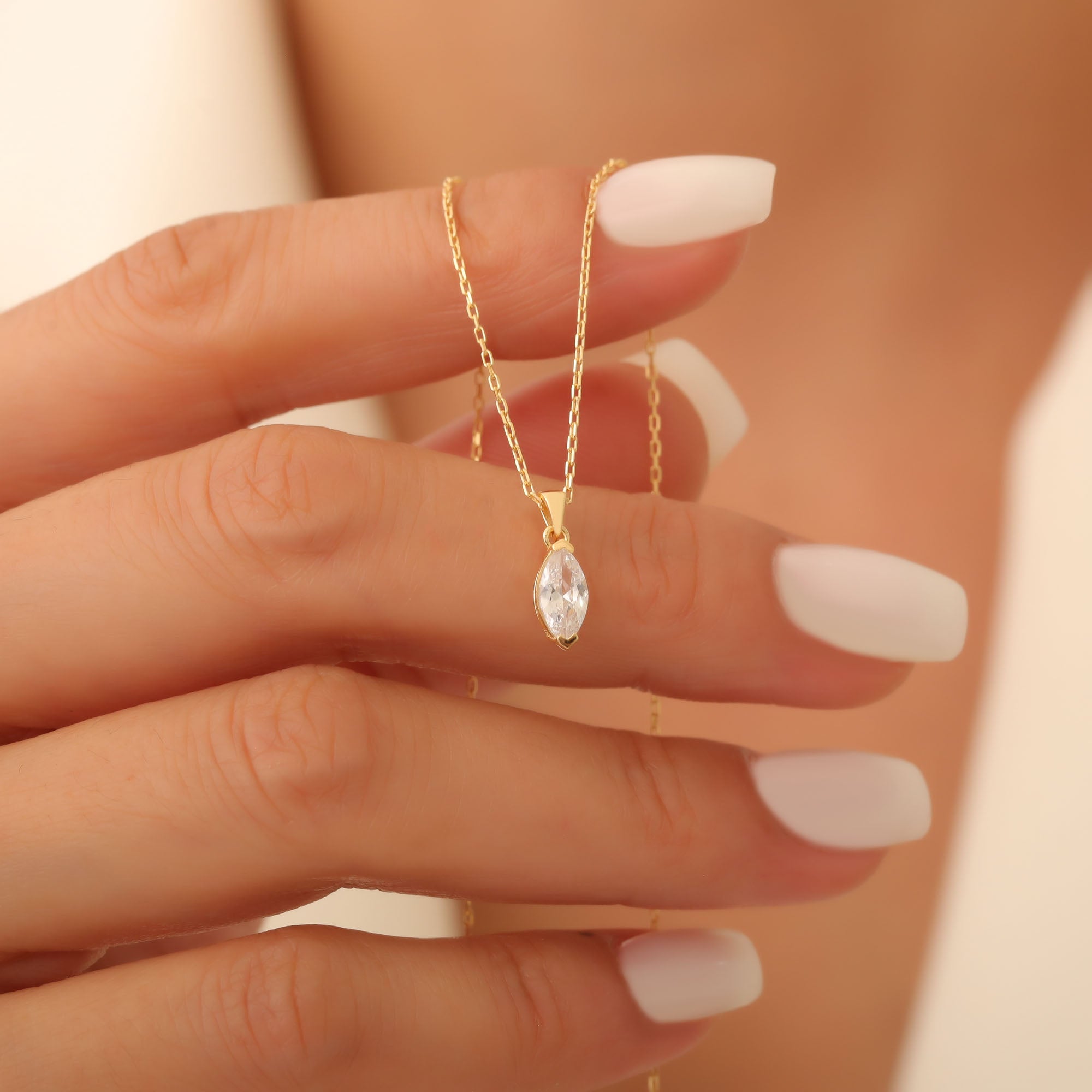 White Topaz Marquise Necklace in 14K Solid Gold | April Birthstone Pendant Queen Jewelry Necklace