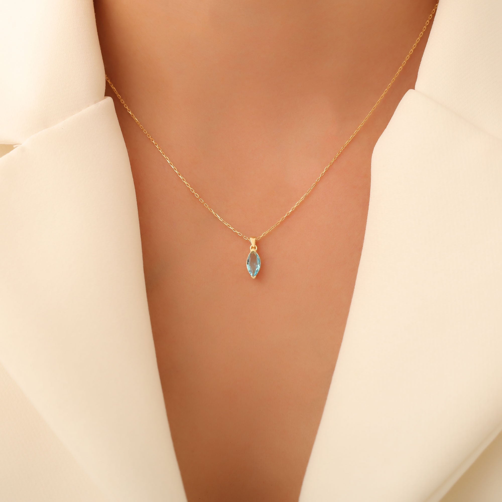 Aquamarine Marquise Necklace in 14K Solid Gold | March Birthstone Pendant Queen Jewelry Necklace