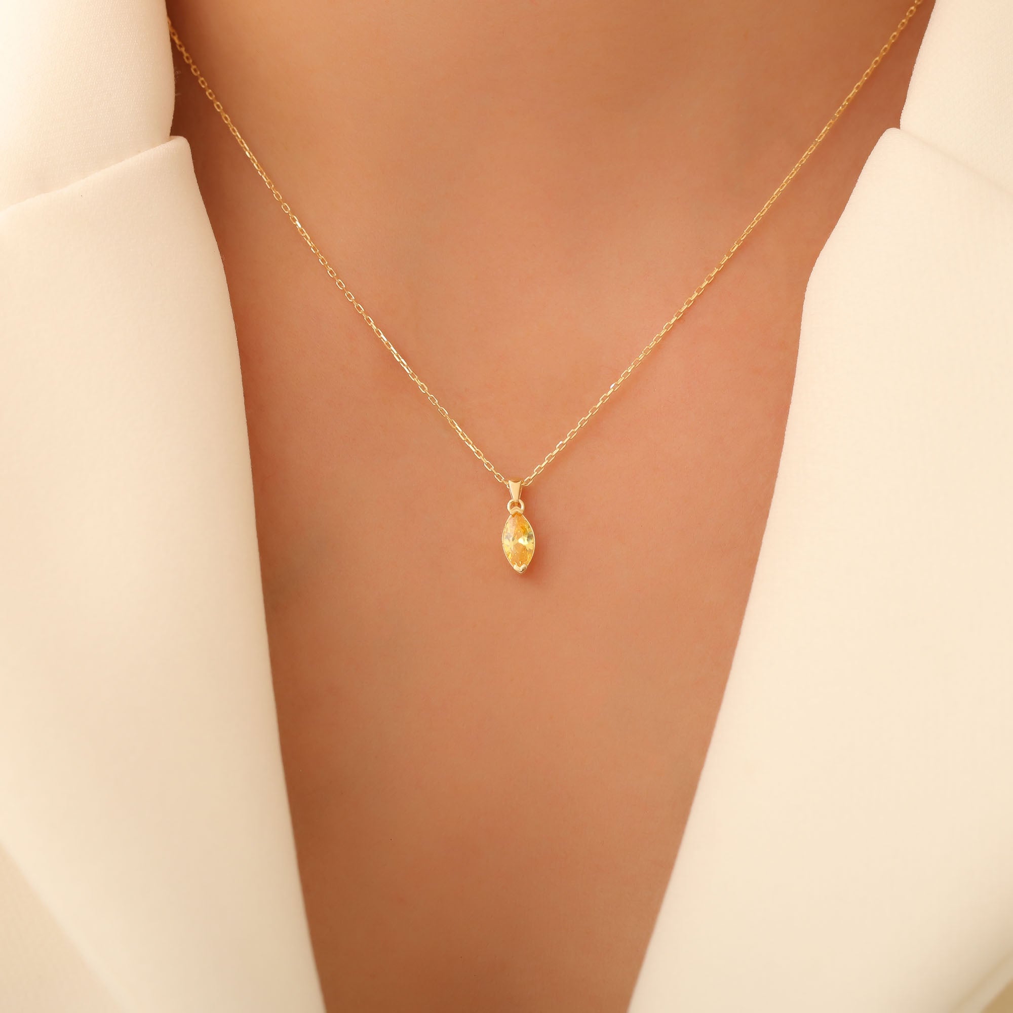Yellow Topaz Marquise Necklace in 14K Solid Gold | Birthstone Pendant Queen Jewelry Necklace