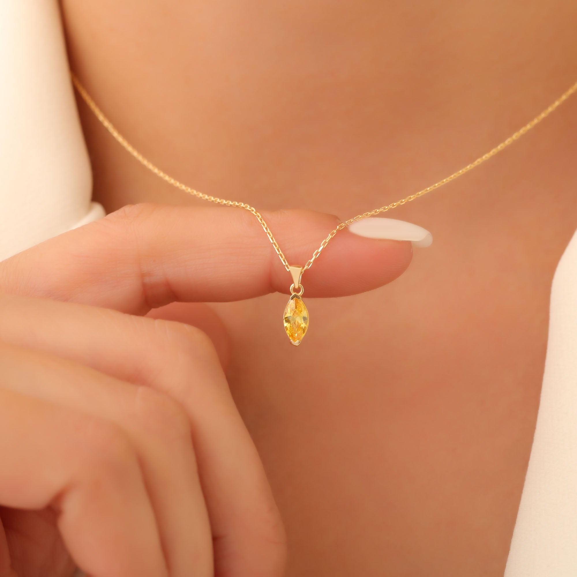 Yellow Topaz Marquise Necklace in 14K Solid Gold | Birthstone Pendant Queen Jewelry Necklace