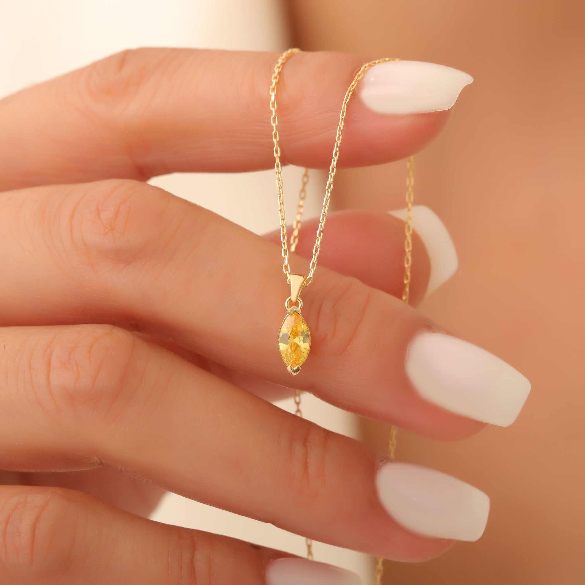 Yellow Topaz Marquise Necklace in 14K Solid Gold | Birthstone Pendant Queen Jewelry Necklace