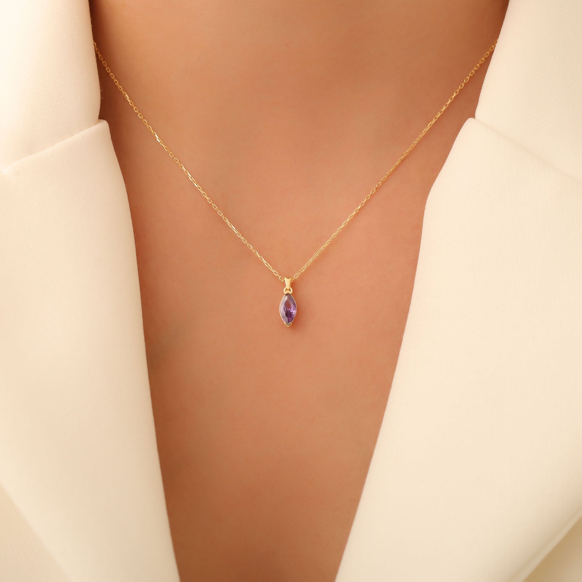 Amethyst Marquise Necklace in 14K Solid Gold | February Birthstone Pendant Queen Jewelry Necklace