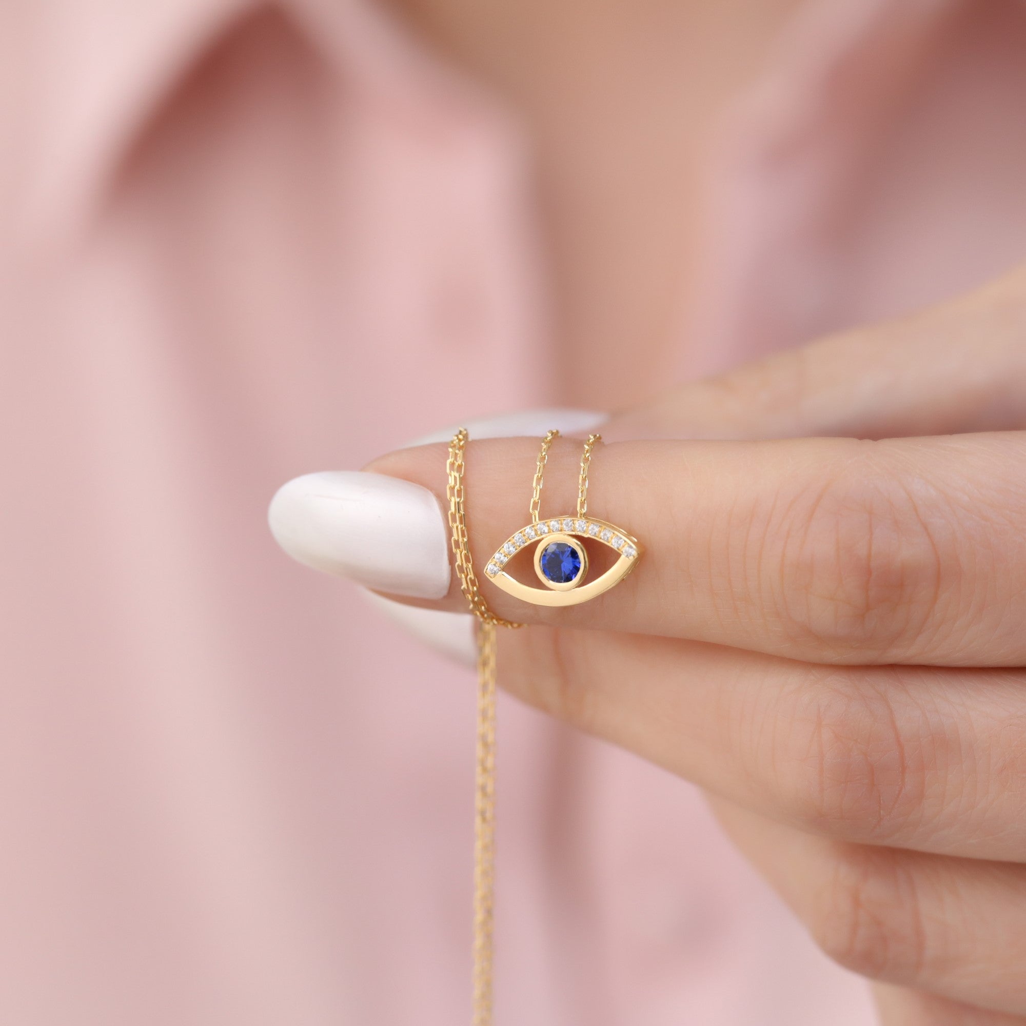 Dark Blue Sapphire Evil Eye Necklace in 14K Solid Gold with Real Diamonds | September Birthstone Queen Jewelry Necklace