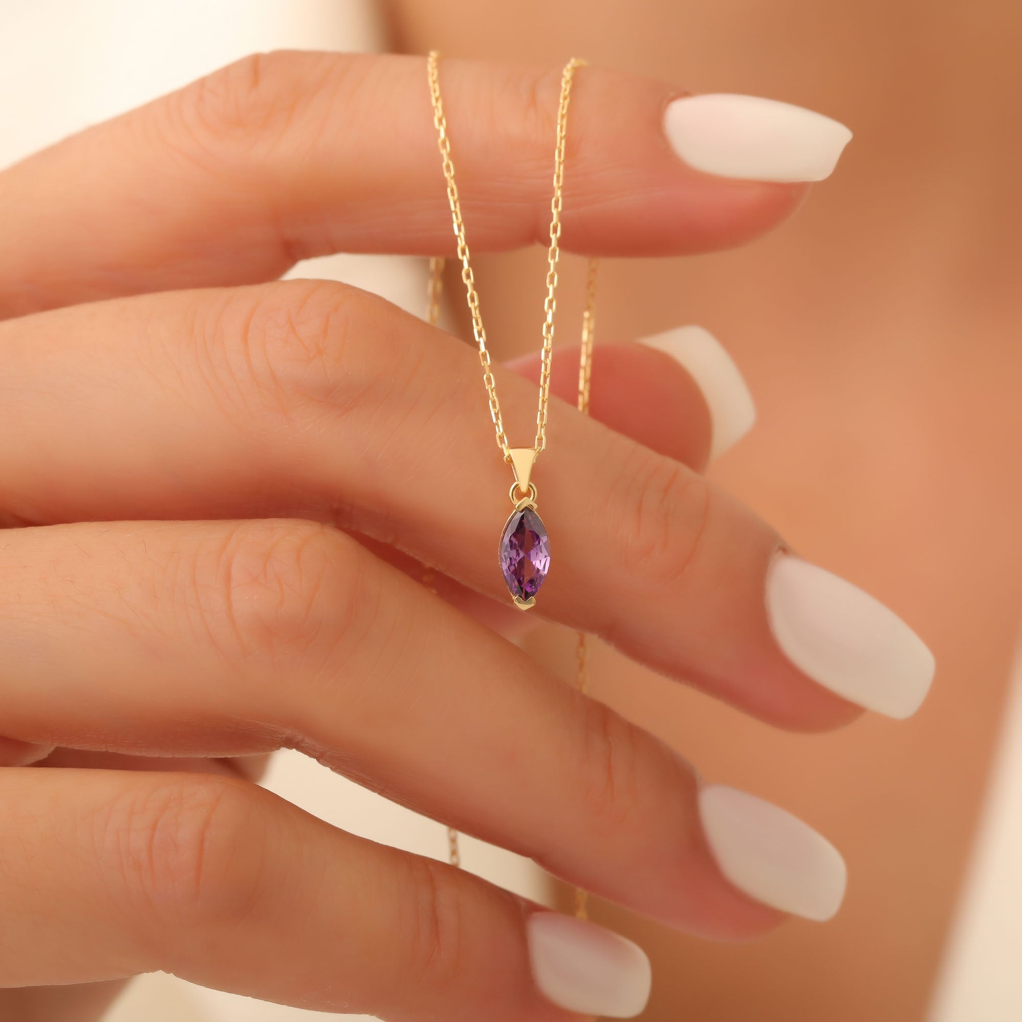 Amethyst Marquise Necklace in 14K Solid Gold | February Birthstone Pendant Queen Jewelry Necklace