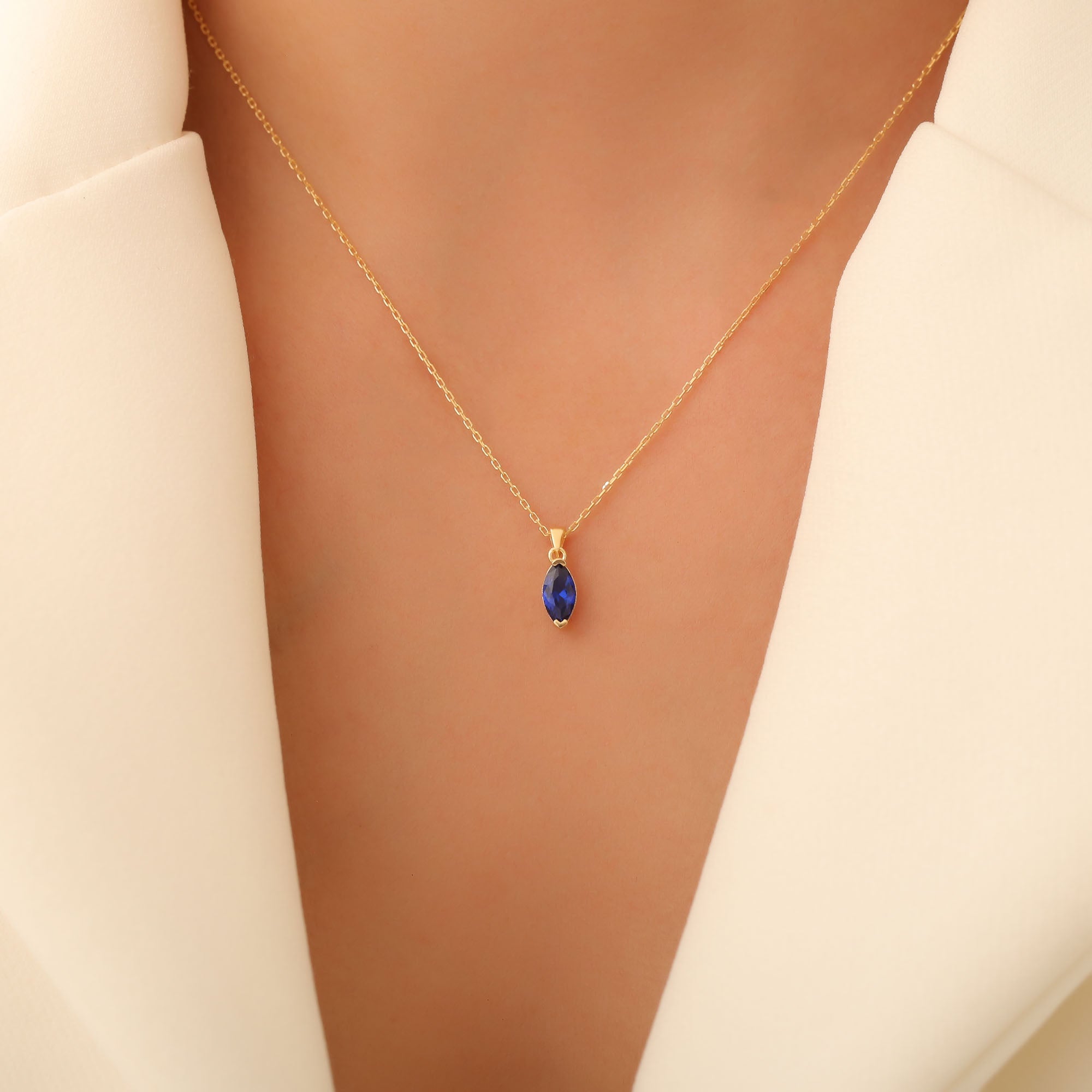 Sapphire Marquise Necklace in 14K Solid Gold | September Birthstone Pendant Queen Jewelry Necklace