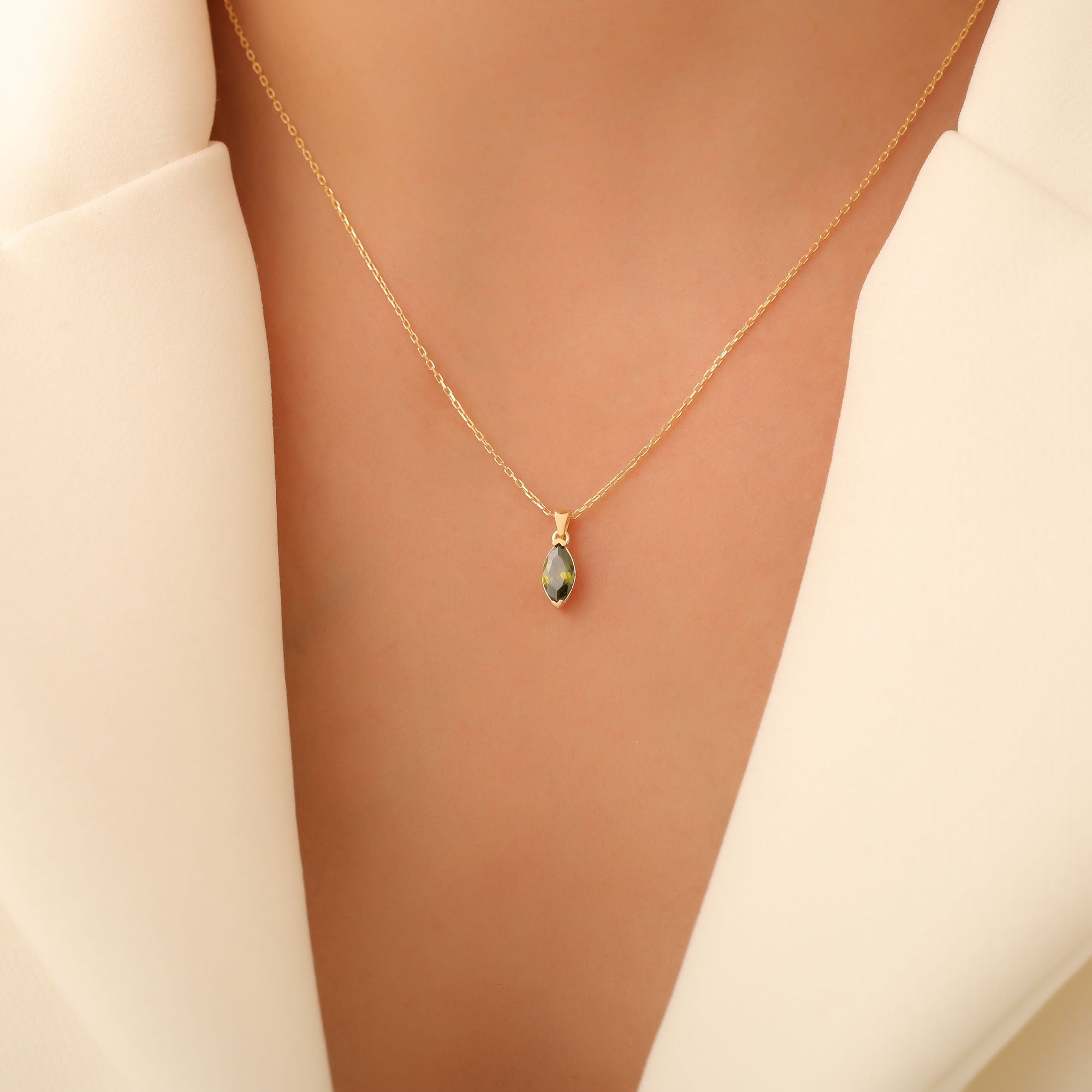 Peridot Marquise Necklace in 14K Solid Gold | August Birthstone Pendant Queen Jewelry Necklace