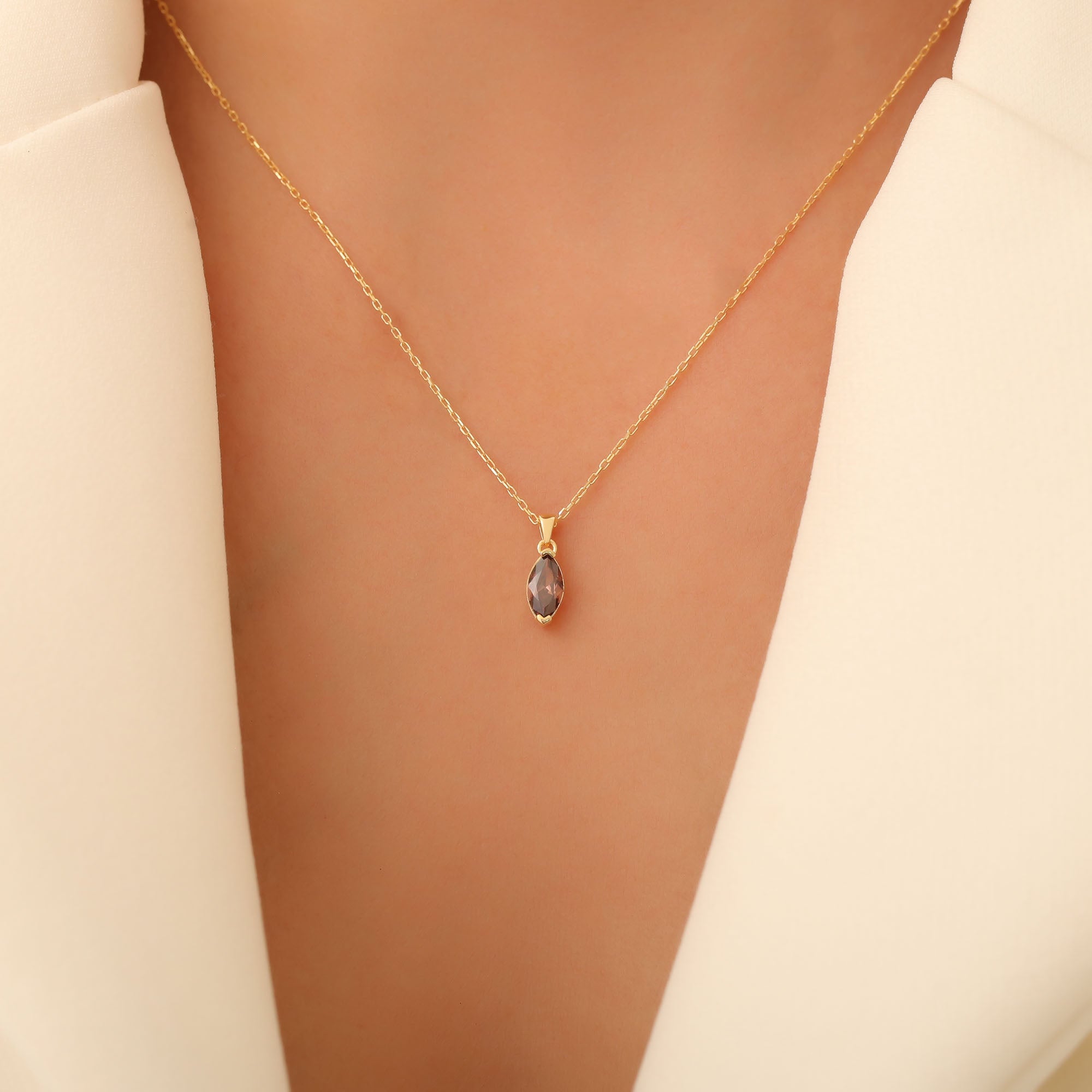 Smoky Quartz Marquise Necklace in 14K Solid Gold | Birthstone Pendant Queen Jewelry Necklace