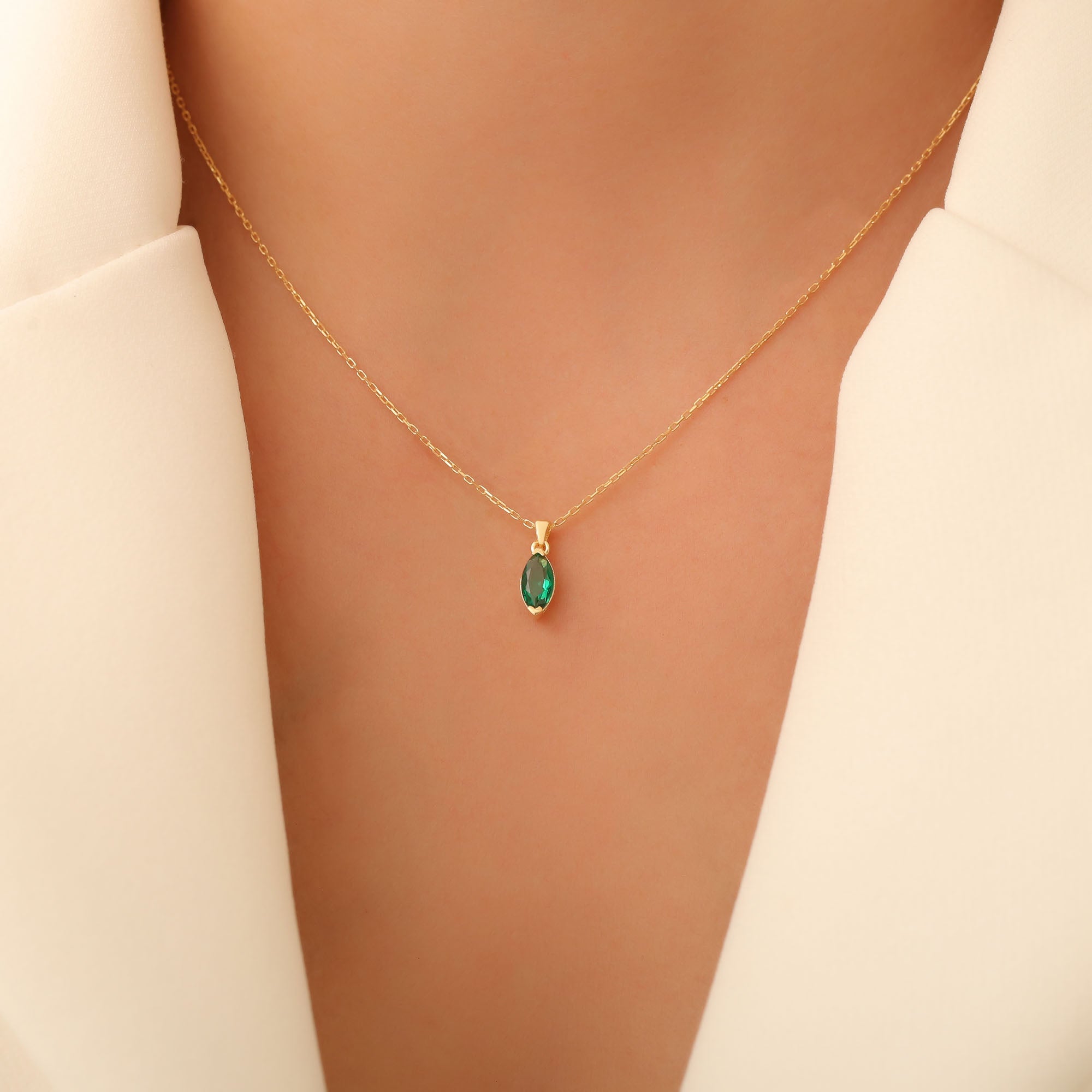 Emerald Marquise Necklace in 14K Solid Gold | May Birthstone Pendant Queen Jewelry Necklace