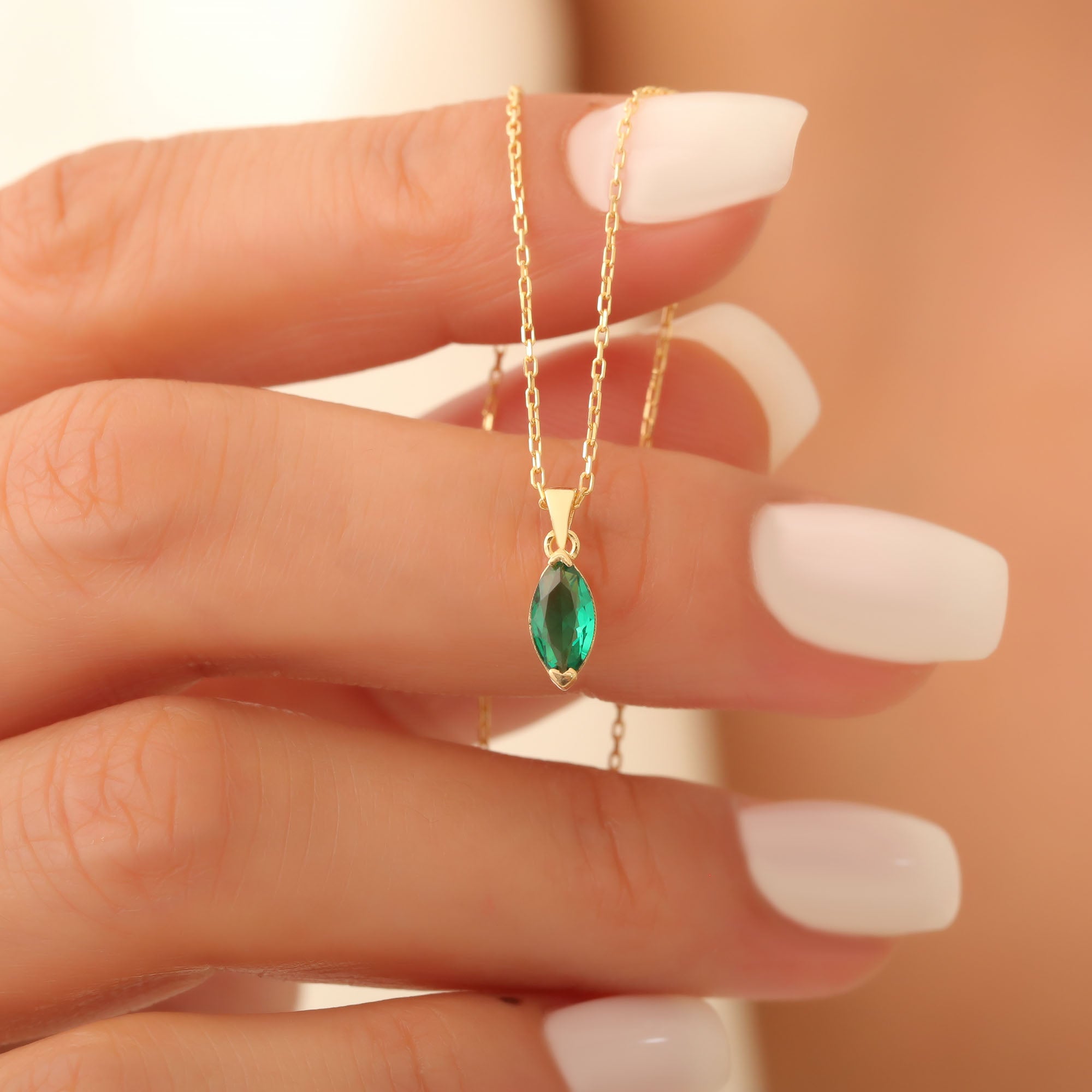 Emerald Marquise Necklace in 14K Solid Gold | May Birthstone Pendant Queen Jewelry Necklace