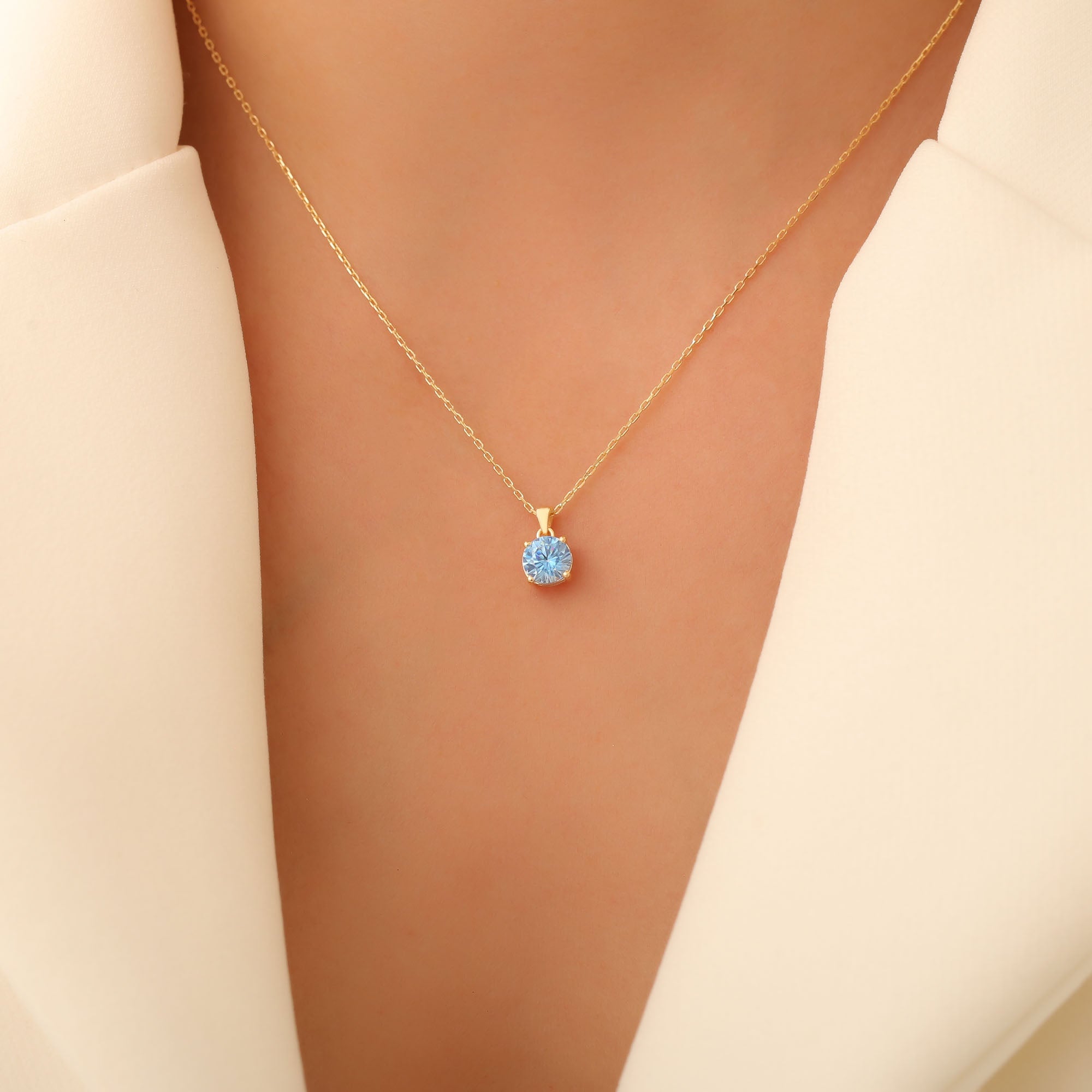 Blue Topaz Round Necklace in 14K Solid Gold | December Birthstone Pendant Queen Jewelry Necklace