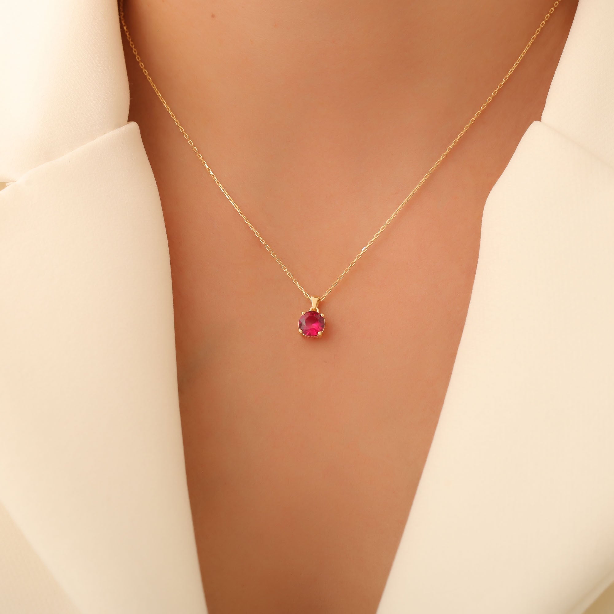 Ruby Round Necklace in 14K Solid Gold | July Birthstone Pendant Queen Jewelry Necklace