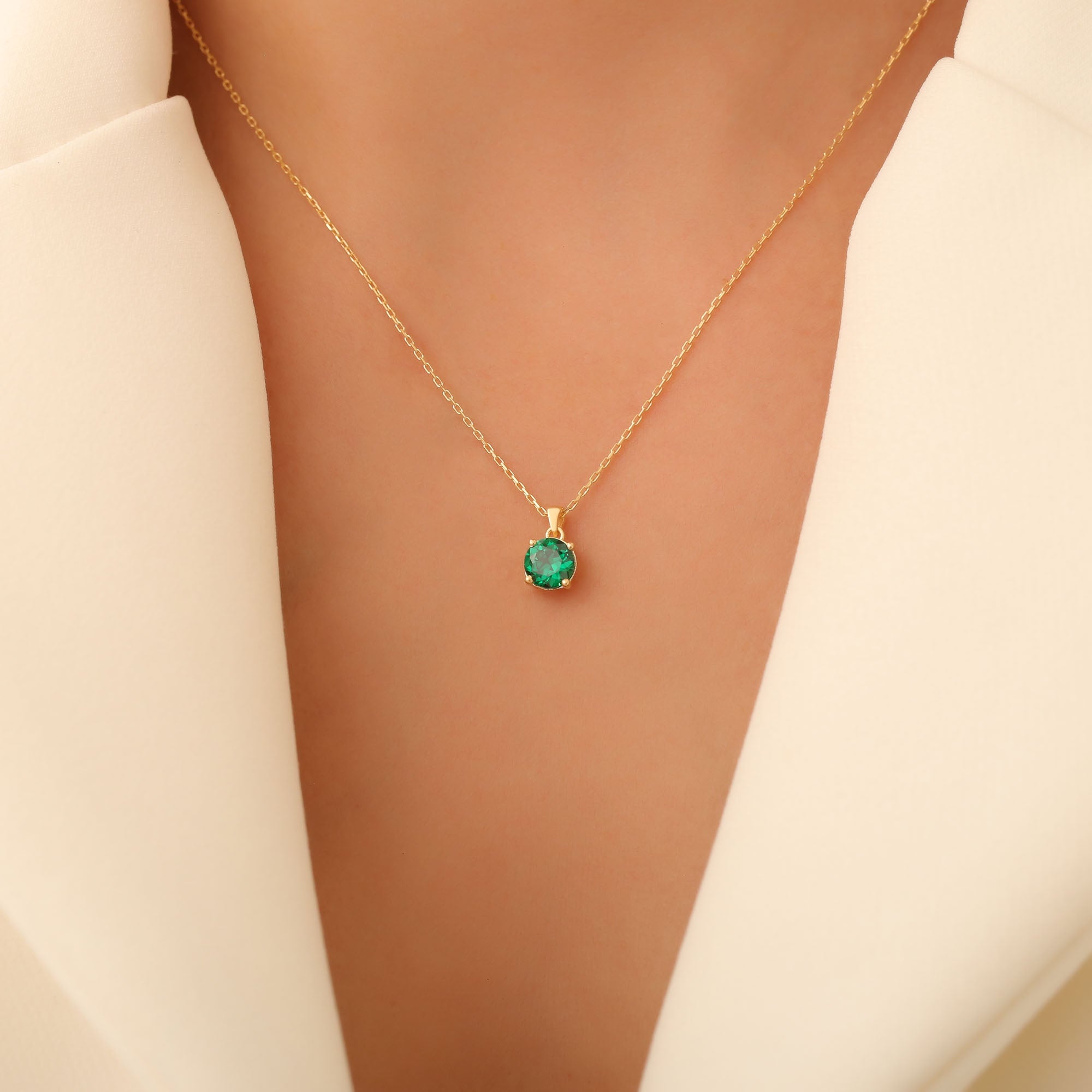 Emerald Round Necklace in 14K Solid Gold | May Birthstone Pendant Queen Jewelry Necklace