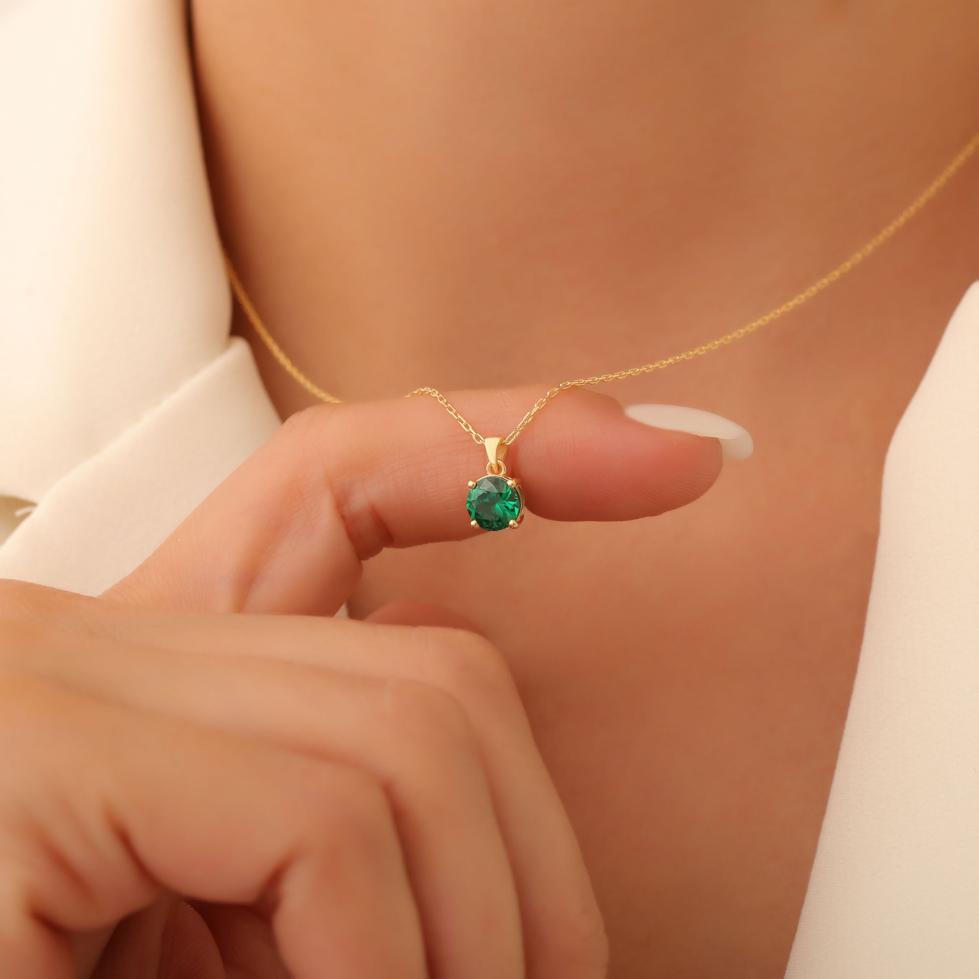 Emerald Round Necklace in 14K Solid Gold | May Birthstone Pendant Queen Jewelry Necklace
