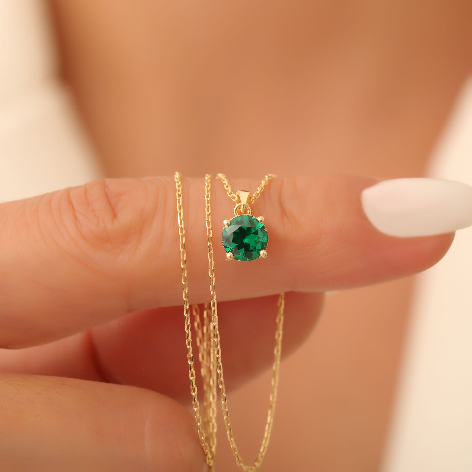 Emerald Round Necklace in 14K Solid Gold | May Birthstone Pendant Queen Jewelry Necklace