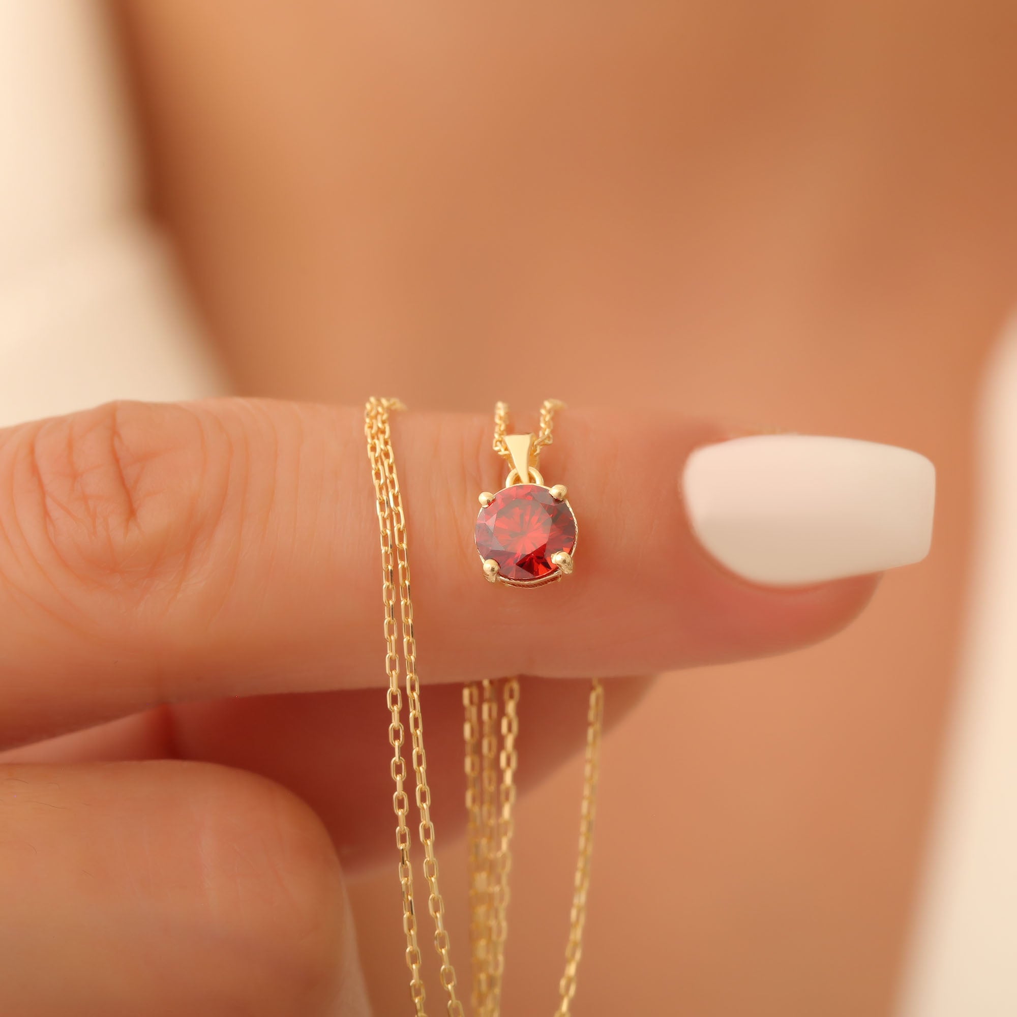 Garnet Round Necklace in 14K Solid Gold | January Birthstone Pendant Queen Jewelry Necklace