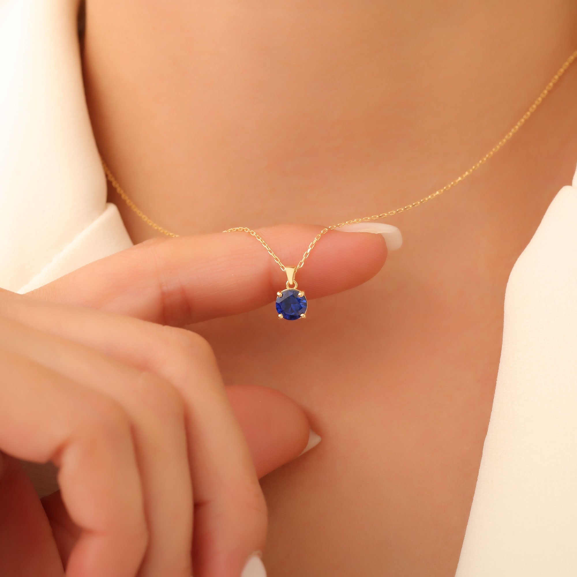 Sapphire Round Necklace in 14K Solid Gold | September Birthstone Pendant Queen Jewelry Necklace