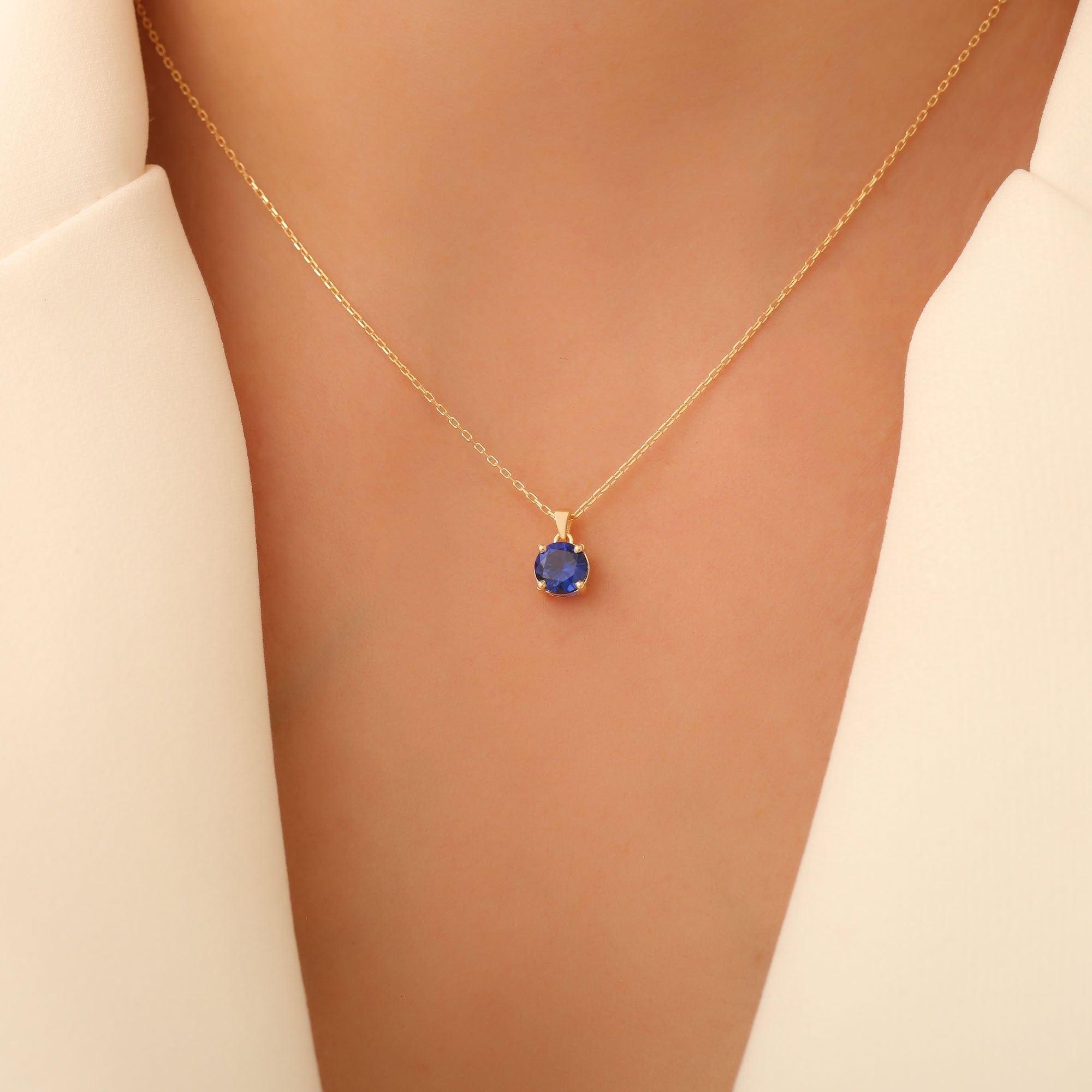 Sapphire Round Necklace in 14K Solid Gold | September Birthstone Pendant Queen Jewelry Necklace