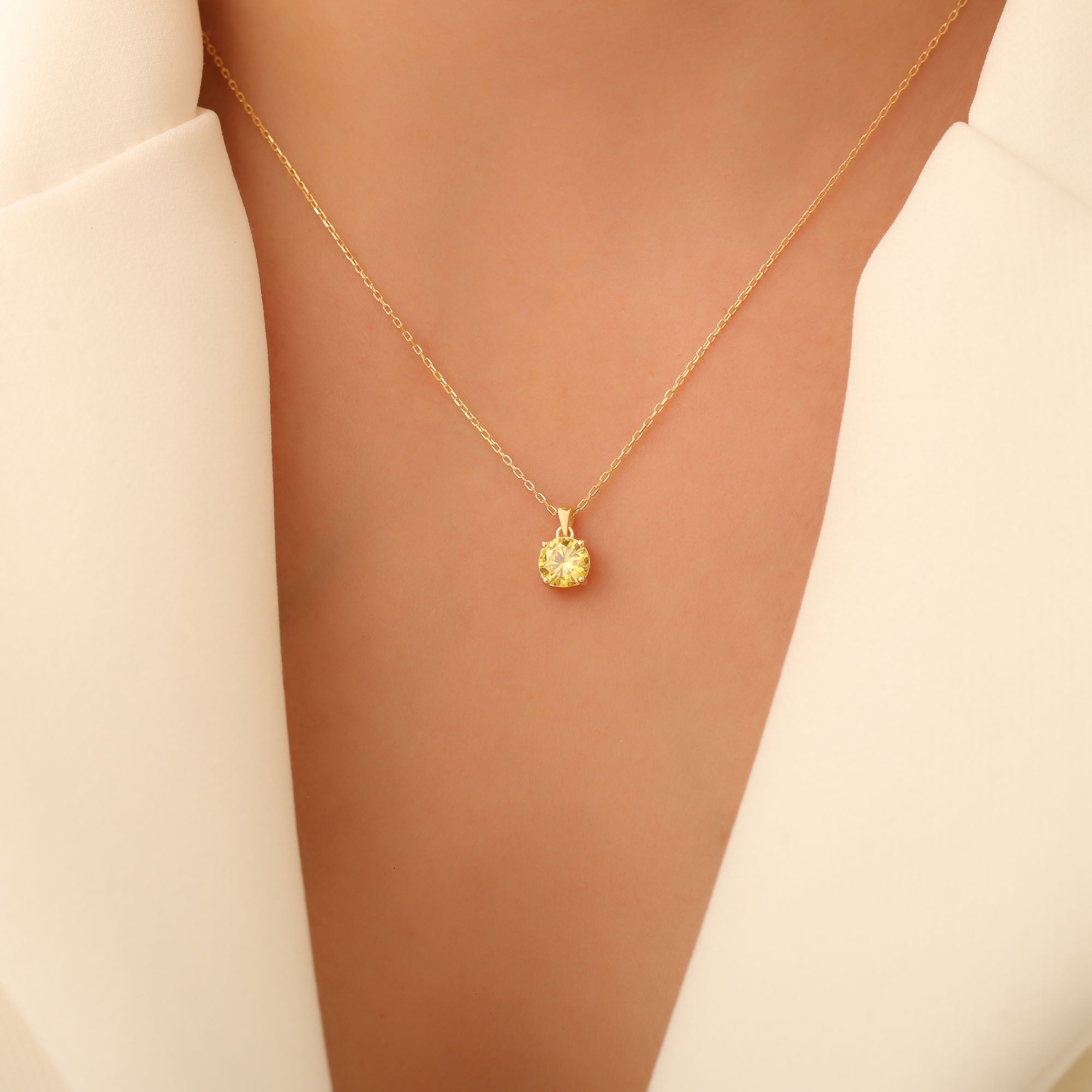 Yellow Topaz Round Necklace in 14K Solid Gold | Birthstone Pendant Queen Jewelry Necklace
