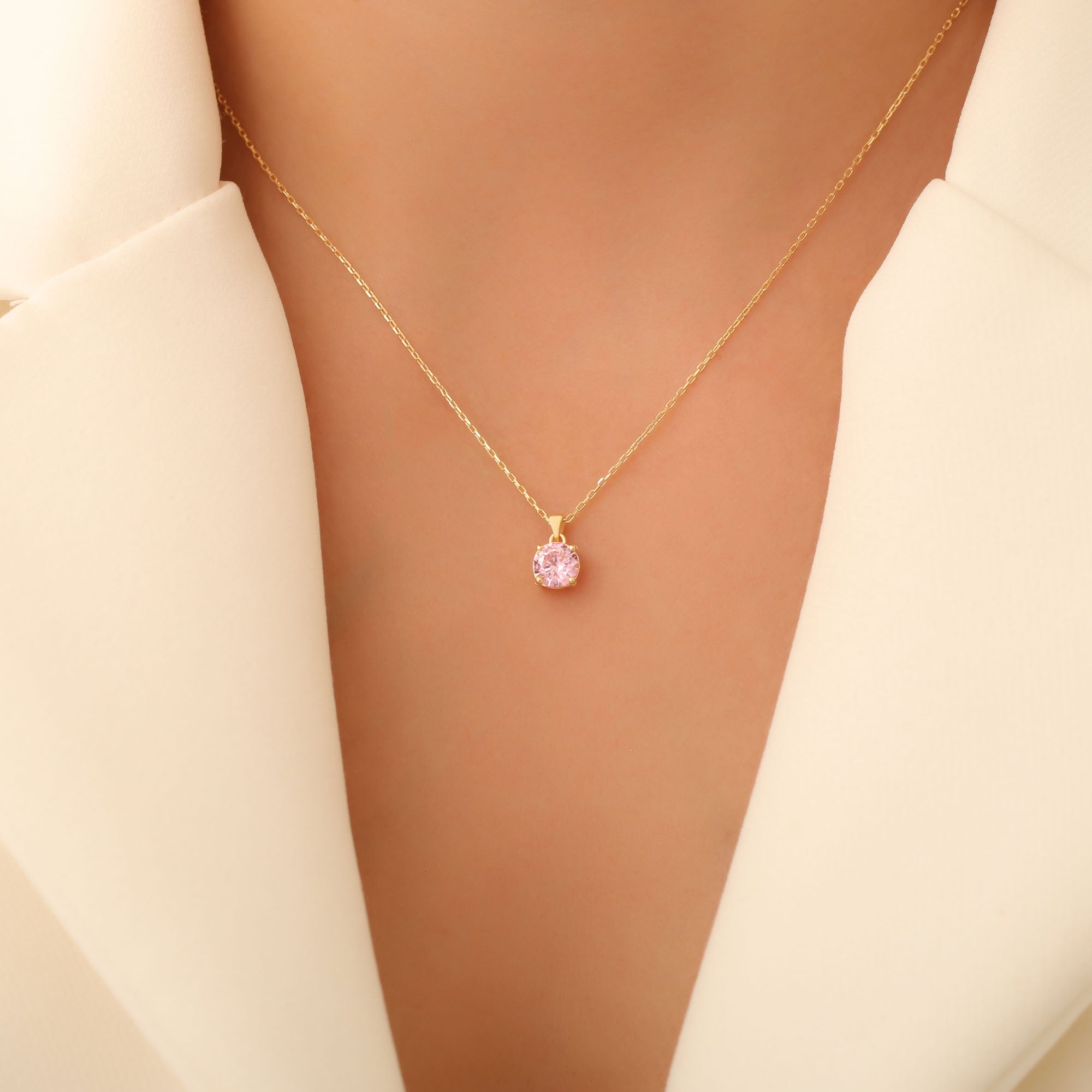 Pink Tourmaline Round Necklace in 14K Solid Gold | October Birthstone Pendant Queen Jewelry Necklace