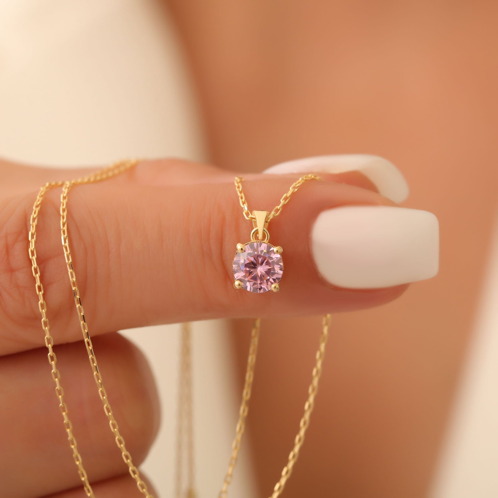 Pink Tourmaline Round Necklace in 14K Solid Gold | October Birthstone Pendant Queen Jewelry Necklace