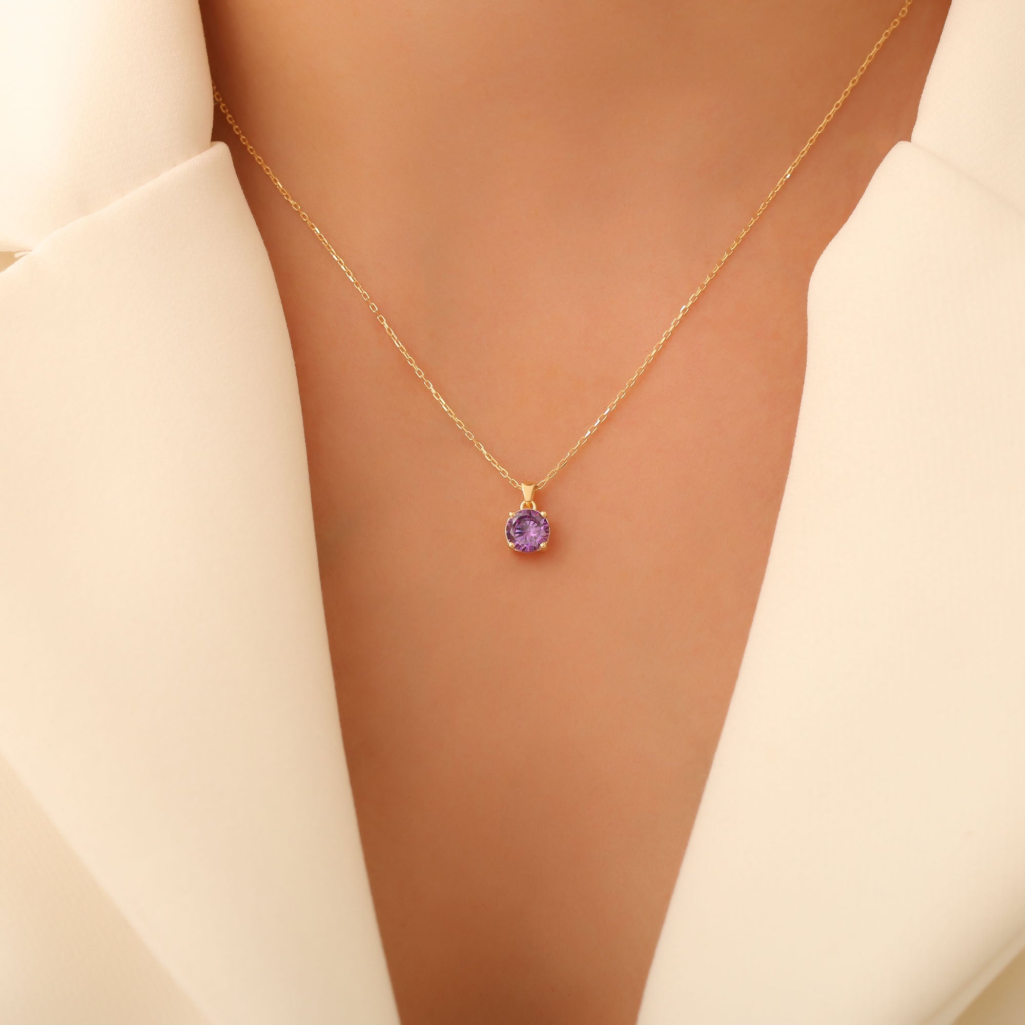 Amethyst Round Necklace in 14K Solid Gold | February Birthstone Pendant Queen Jewelry Necklace
