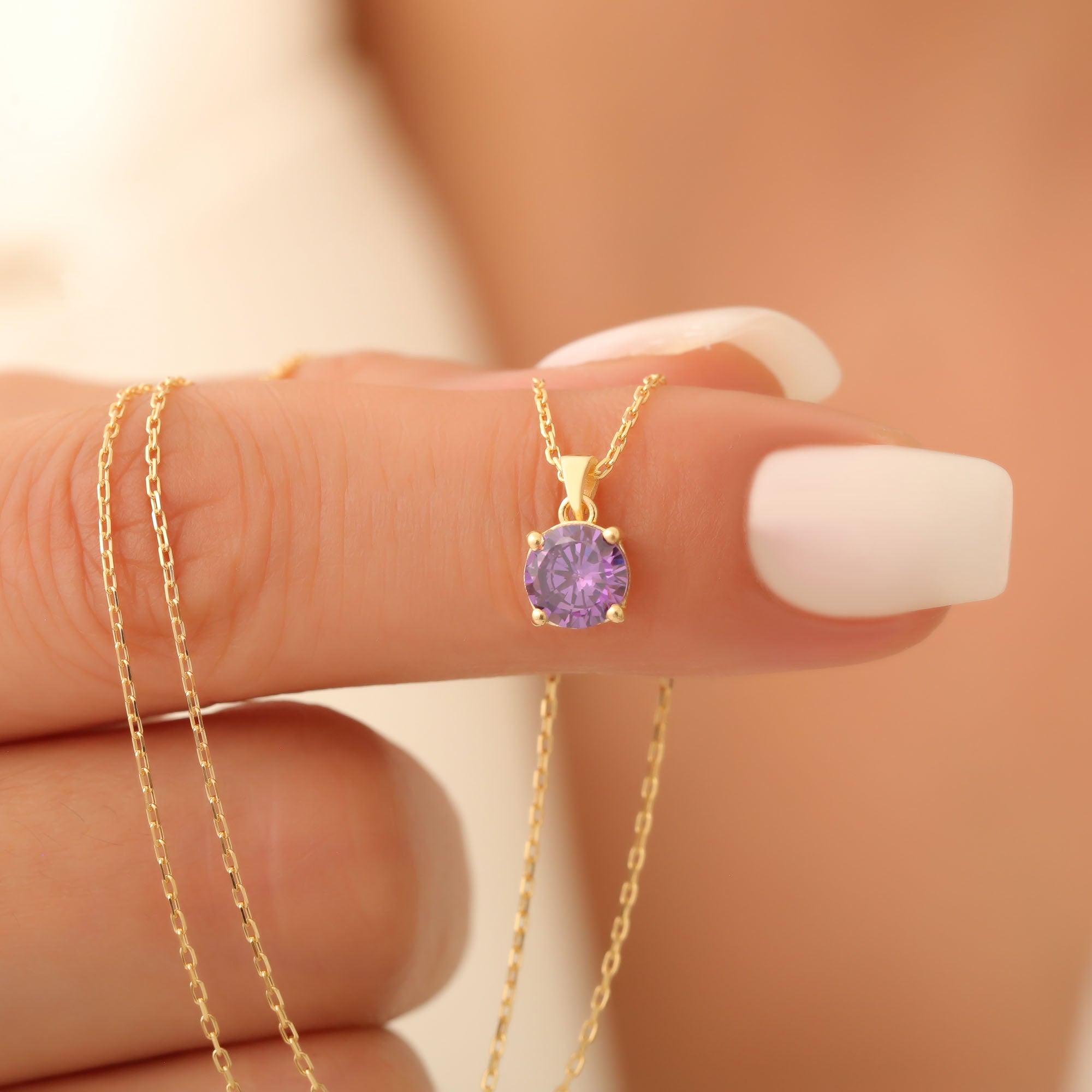 Amethyst Round Necklace in 14K Solid Gold | February Birthstone Pendant Queen Jewelry Necklace