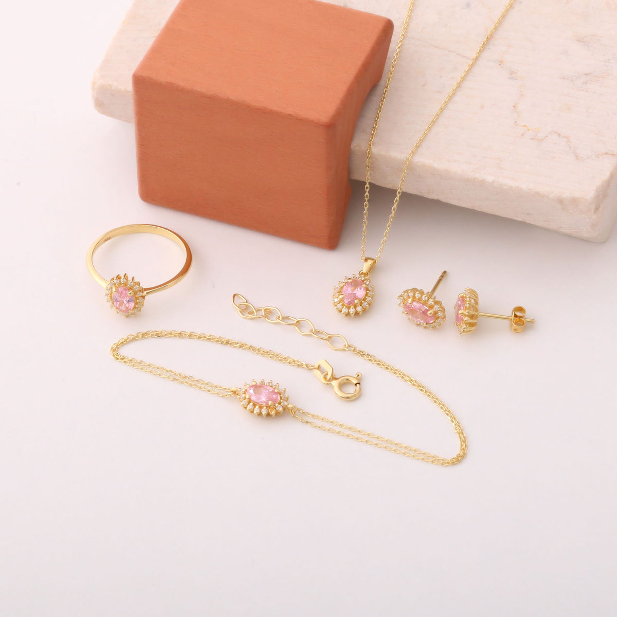 Oval Cut Pink Tourmaline Stud Earring Surrounded by Real Diamonds, 10K/14K Solid Gold, October Birthstone