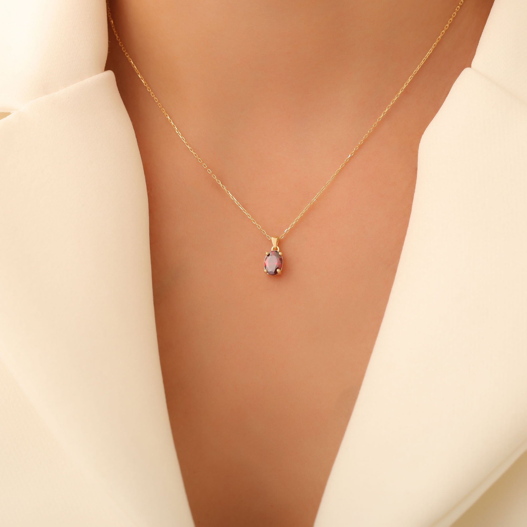 Garnet Oval Necklace in 14K Solid Gold | January Birthstone Pendant Queen Jewelry Necklace