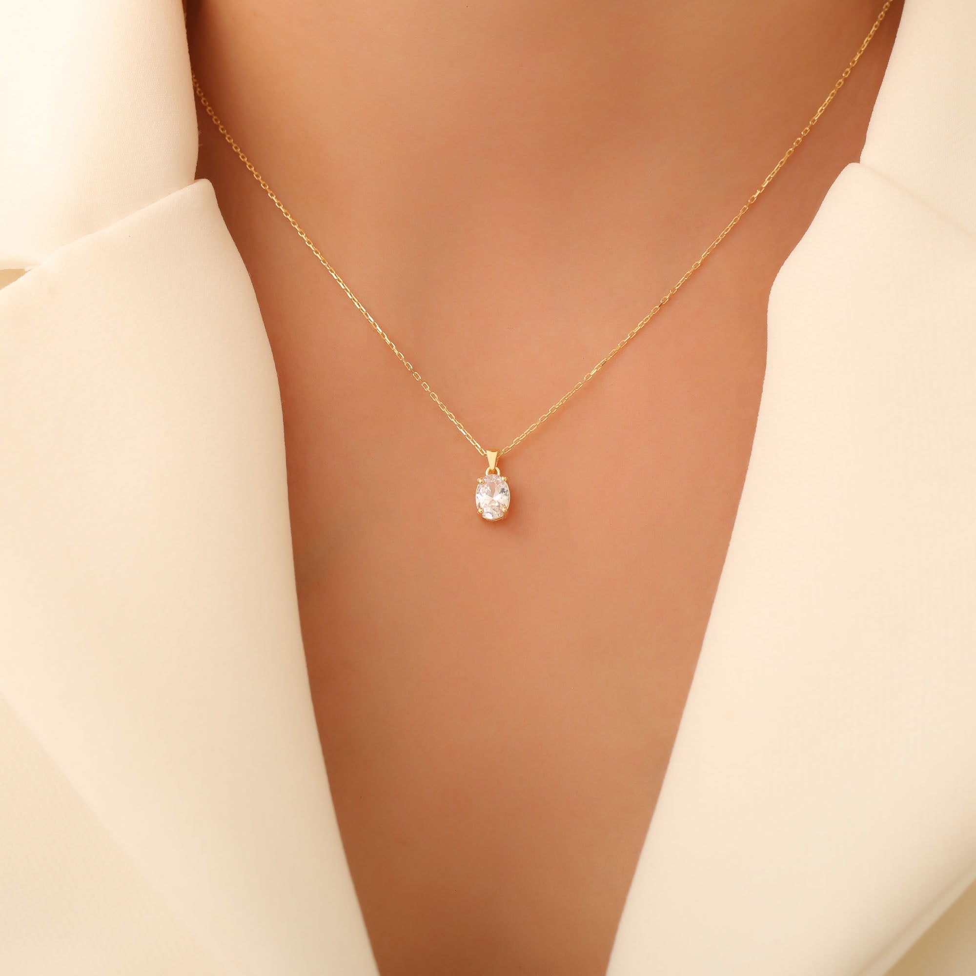 White Topaz Oval Necklace in 14K Solid Gold | April Birthstone Pendant Queen Jewelry Necklace