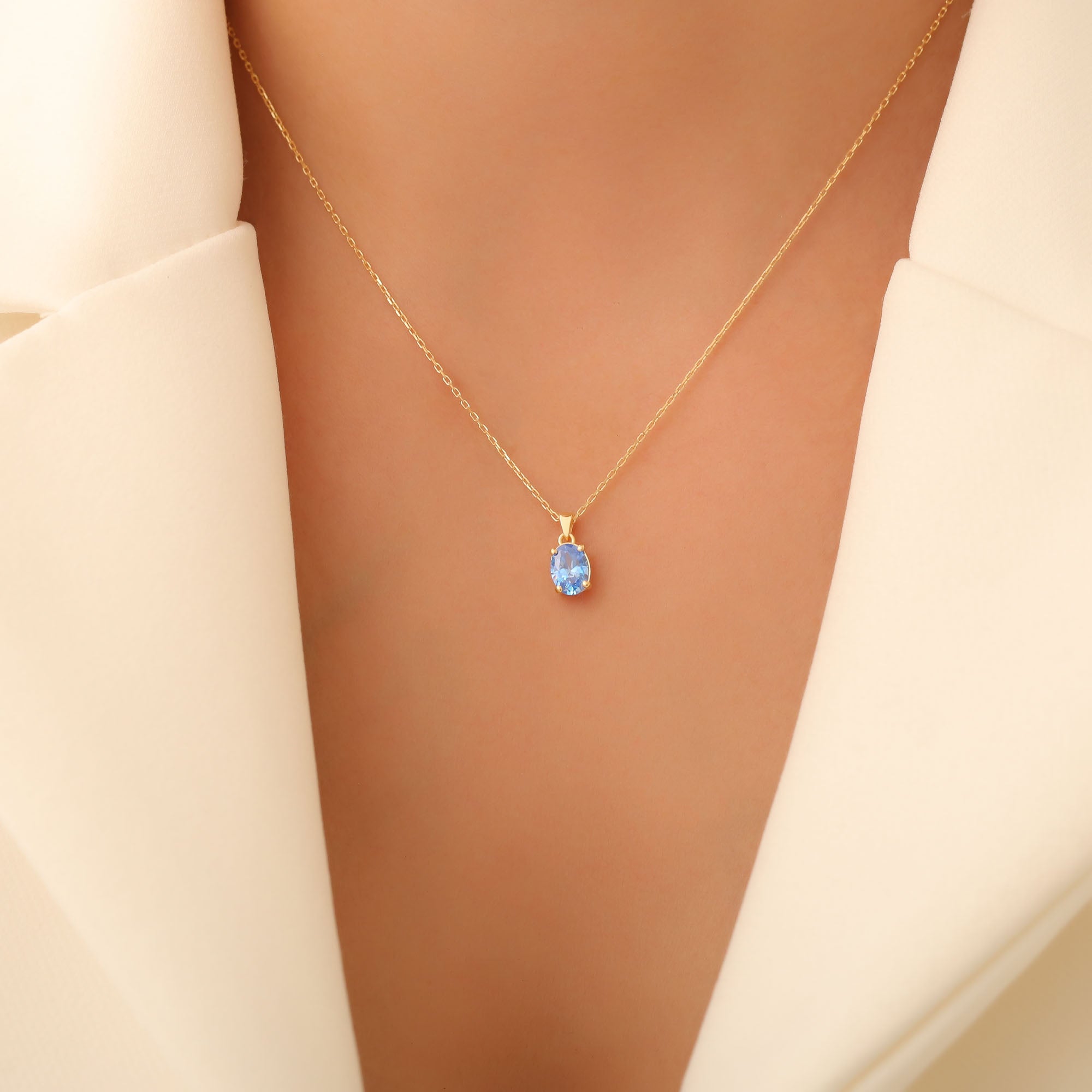 Blue Topaz Oval Necklace in 14K Solid Gold | December Birthstone Pendant Queen Jewelry Necklace
