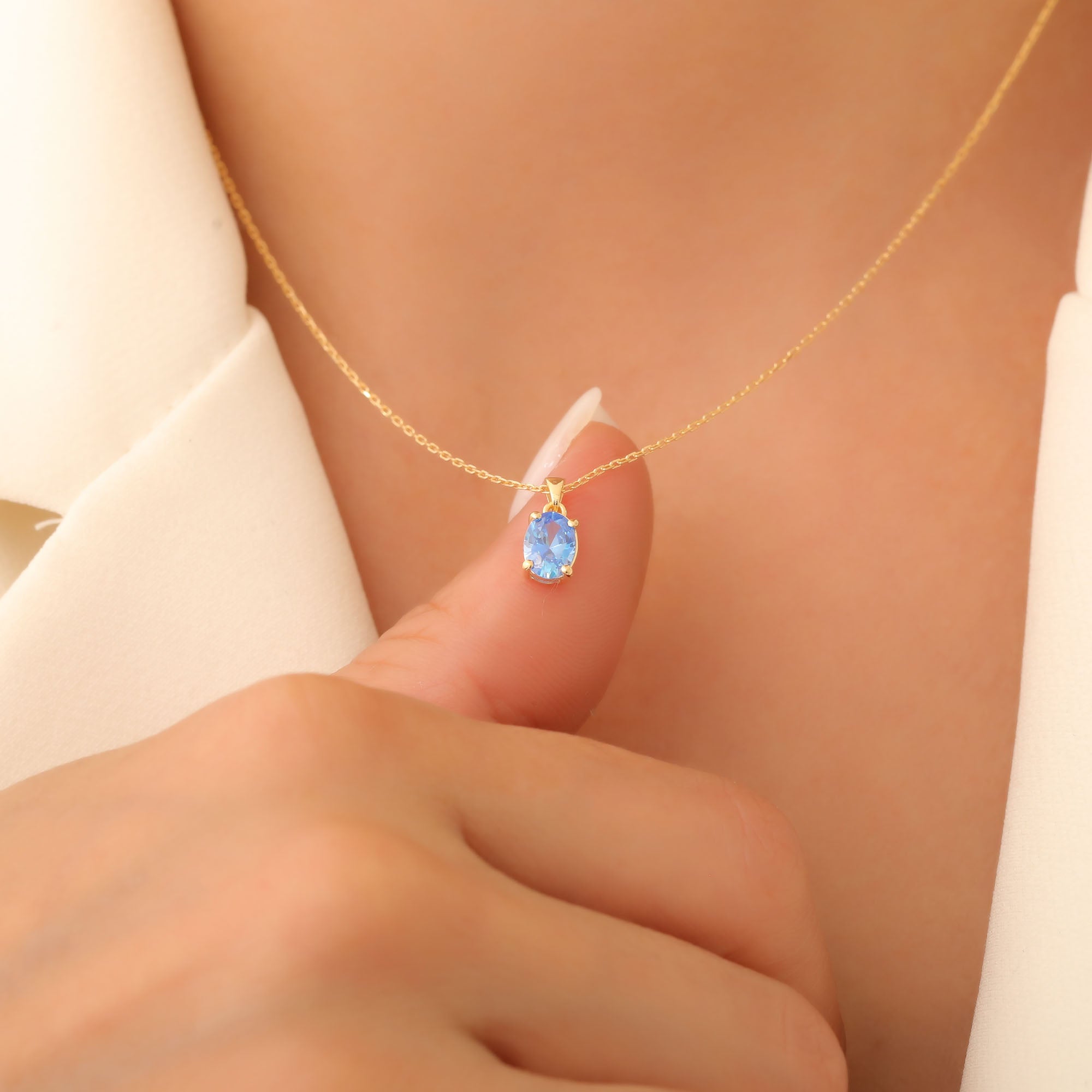 Blue Topaz Oval Necklace in 14K Solid Gold | December Birthstone Pendant Queen Jewelry Necklace