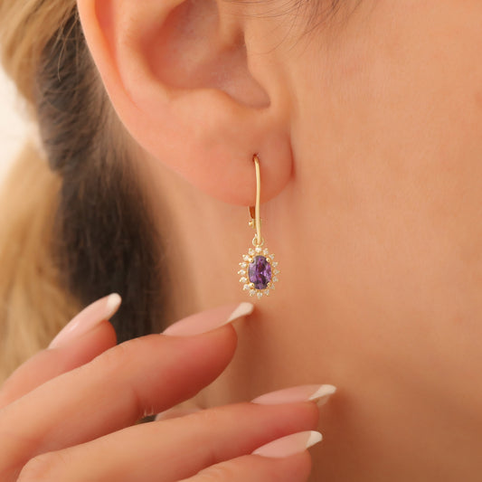 Oval Cut Amethyst Dangling Earring Surrounded by Real Diamonds, 8K/10K/14K Solid Gold, February Birthstone
