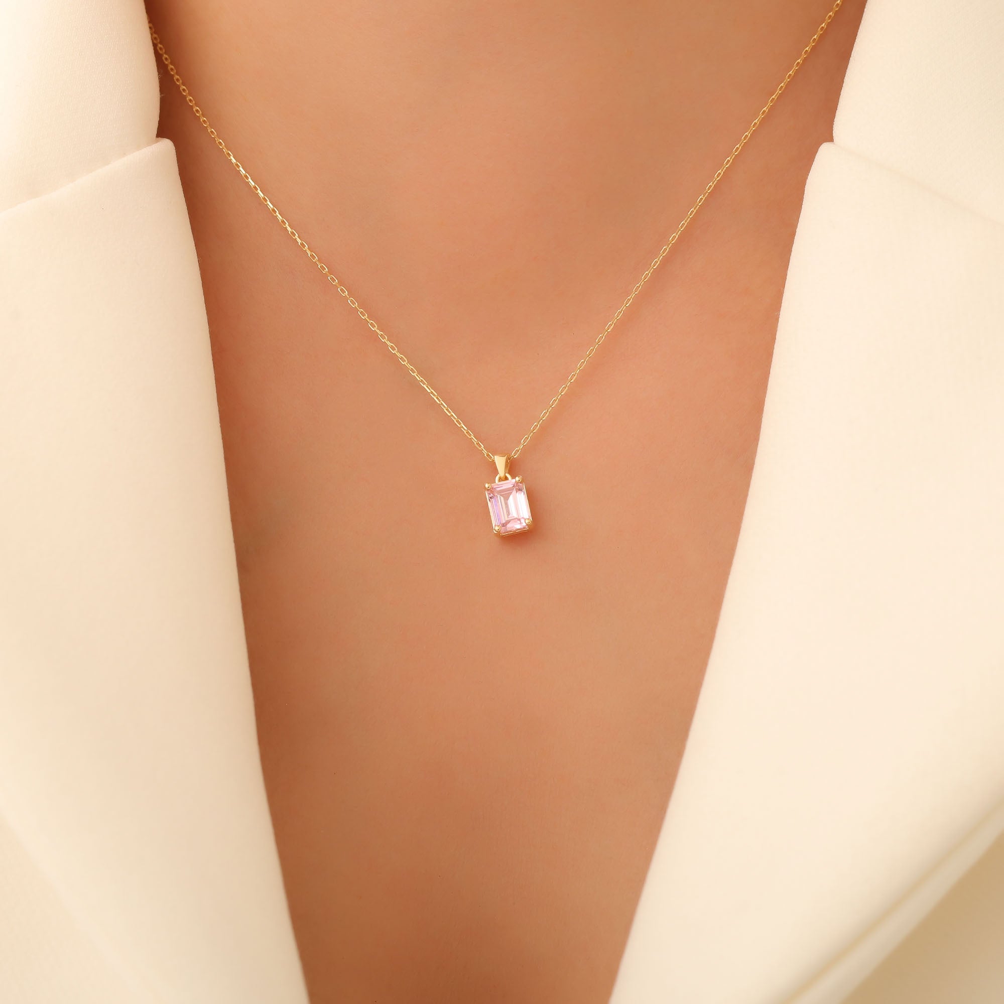 Rectangle Pink Tourmaline Necklace in 14K Solid Gold, October Birthstone Pendant Queen Jewelry Necklace