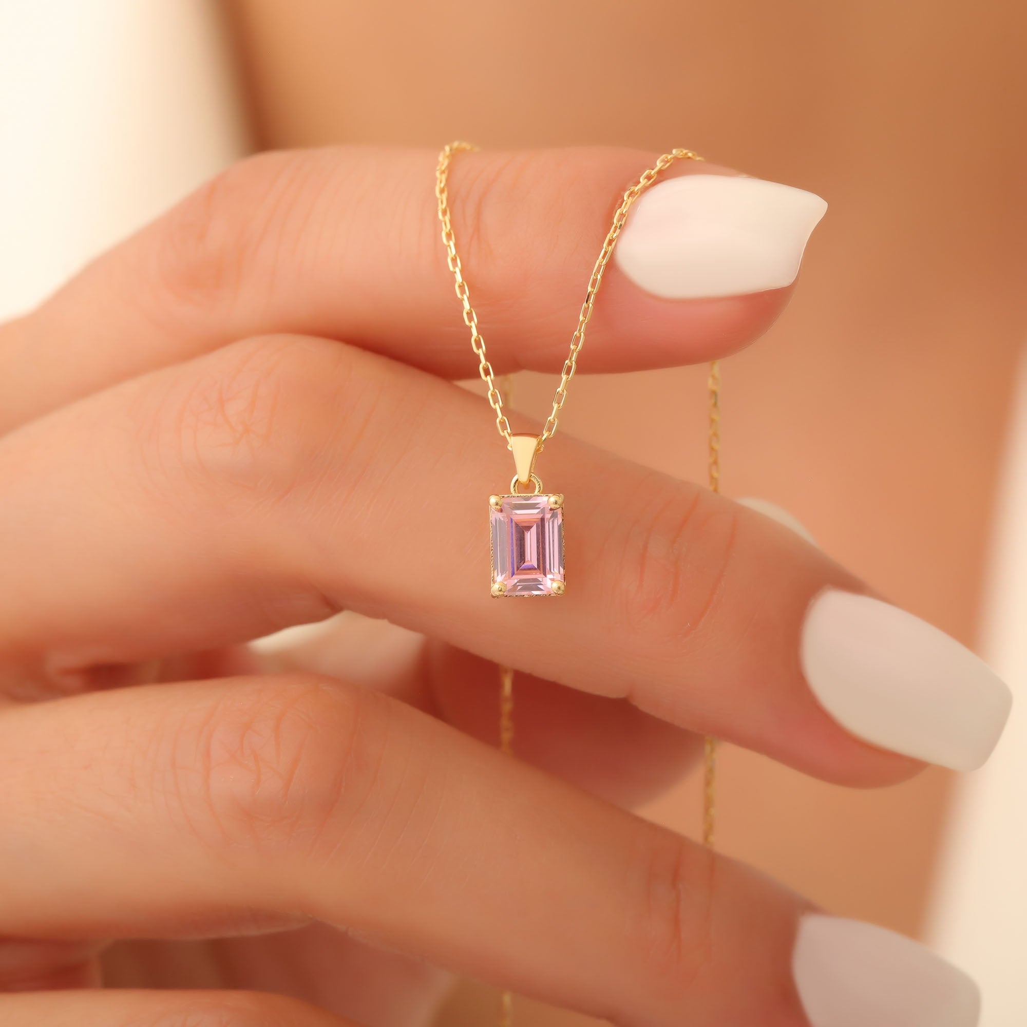 Rectangle Pink Tourmaline Necklace in 14K Solid Gold, October Birthstone Pendant Queen Jewelry Necklace