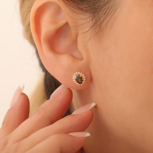 Oval Cut Smoky Quartz Stud Earring Surrounded by Real Diamonds, 10K/14K Solid Gold