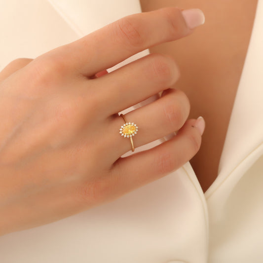 Yellow Topaz Oval Ring 8K/10K/14K Solid Gold Surrounded by Real Diamonds