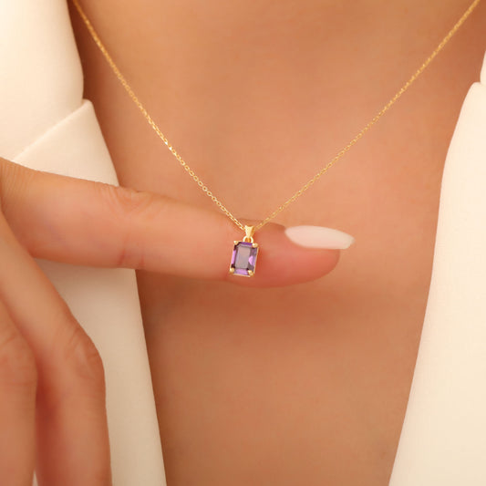 Rectangle Amethyst Necklace in 14K Solid Gold, February Birthstone Pendant Queen Jewelry Necklace
