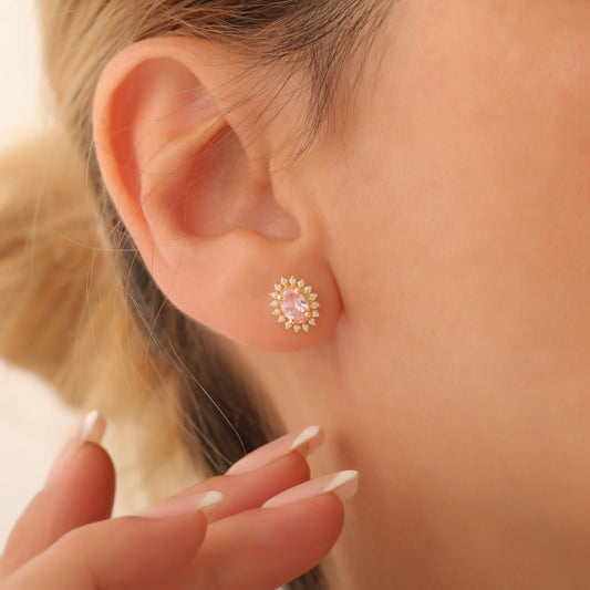 Oval Cut Pink Tourmaline Stud Earring Surrounded by Real Diamonds, 10K/14K Solid Gold, October Birthstone