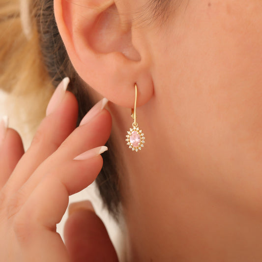Oval Cut Pink Tourmaline Dangling Earring Surrounded by Real Diamonds, 8K/10K/14K Solid Gold, October Birthstone