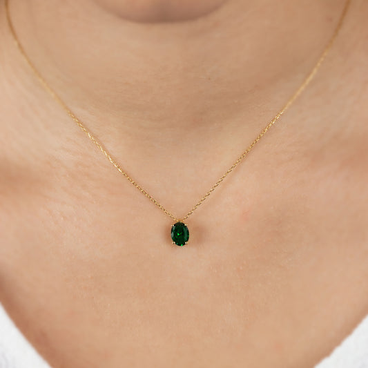Oval Cut Emerald Necklace 8K/10K/14K Solid Gold, May Birthstone