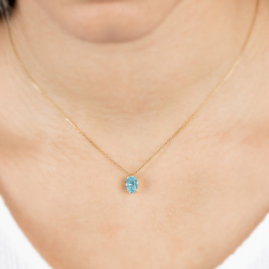 Oval Cut Aquamarine Necklace 8K/10K/14K Solid Gold, March Birthstone