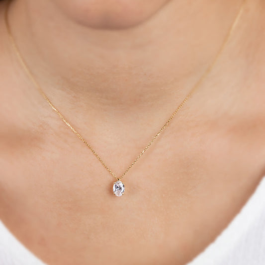 Oval Cut White Topaz Necklace 8K/10K/14K Solid Gold, April Birthstone