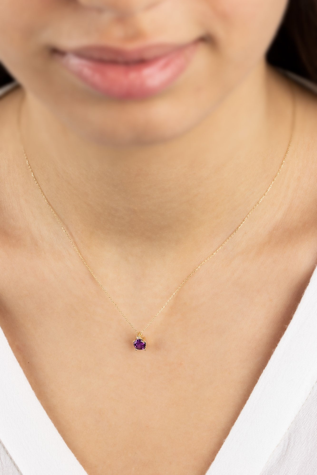 Round Amethyst Necklace with Real Diamond in 14K Solid Gold, February Birthstone Queen Jewelry Necklace