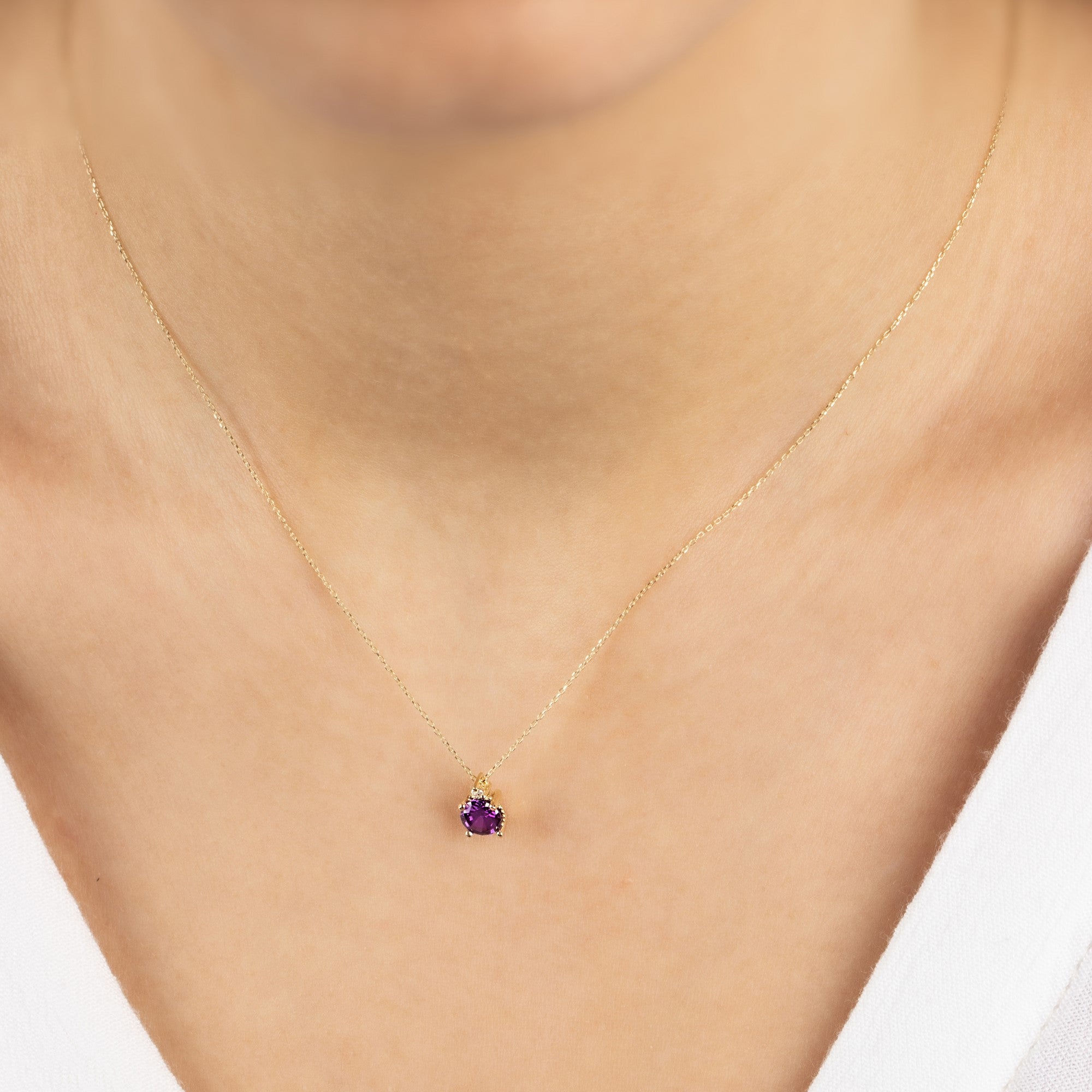Round Amethyst Necklace with Real Diamond in 14K Solid Gold, February Birthstone Queen Jewelry Necklace