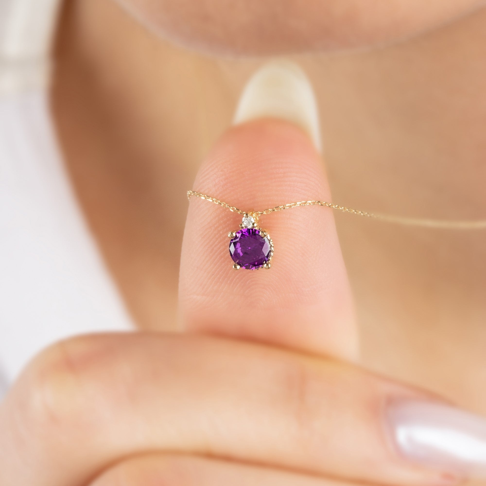 Round Amethyst Necklace with Real Diamond in 14K Solid Gold, February Birthstone Queen Jewelry Necklace