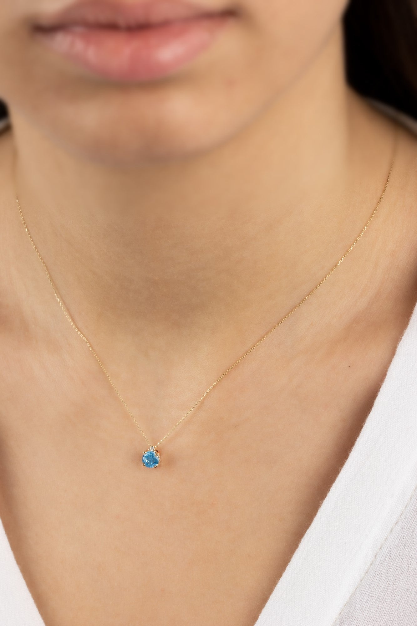 Round Aquamarine Necklace with Real Diamond in 14K Solid Gold, March Birthstone Queen Jewelry Necklace