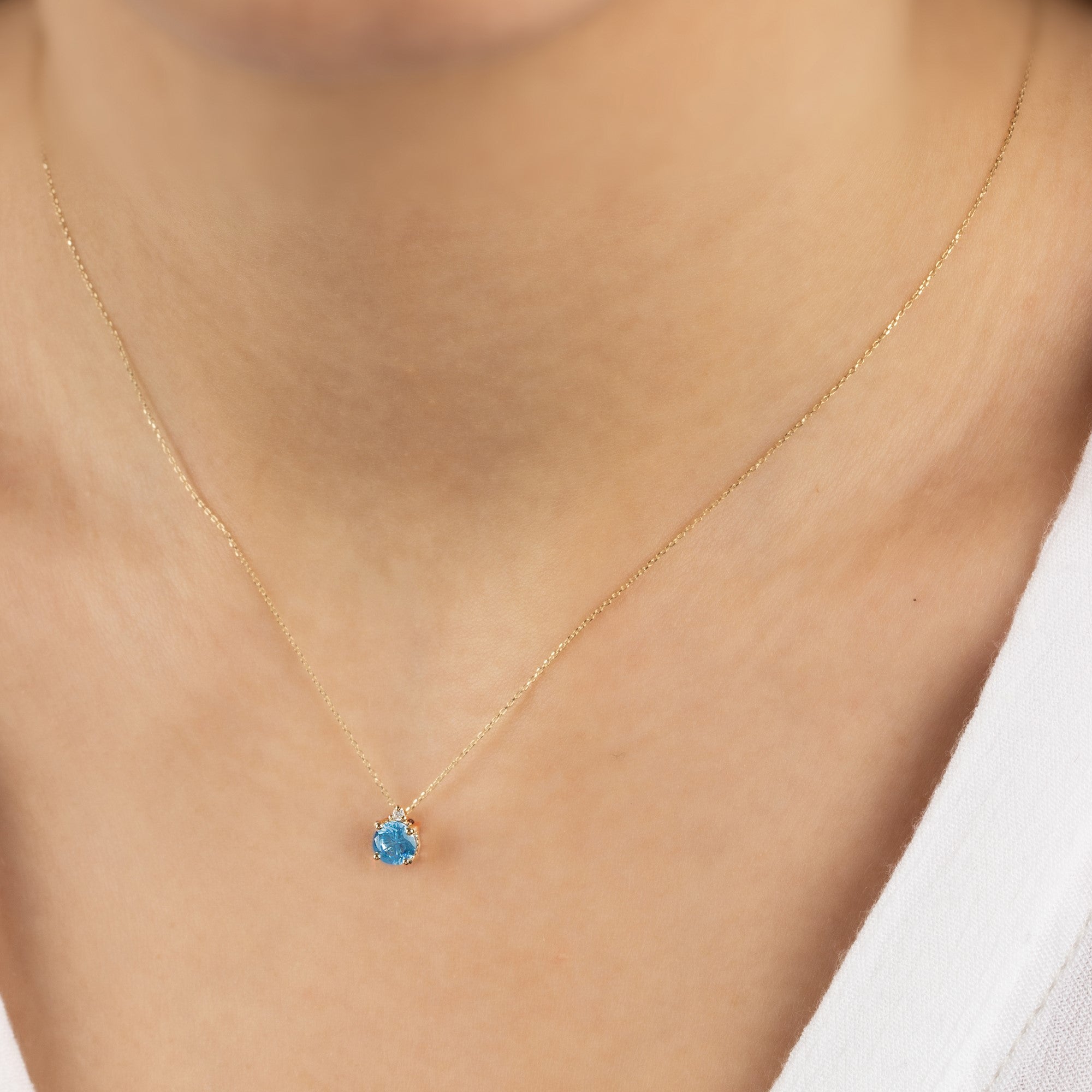 Round Aquamarine Necklace with Real Diamond in 14K Solid Gold, March Birthstone Queen Jewelry Necklace